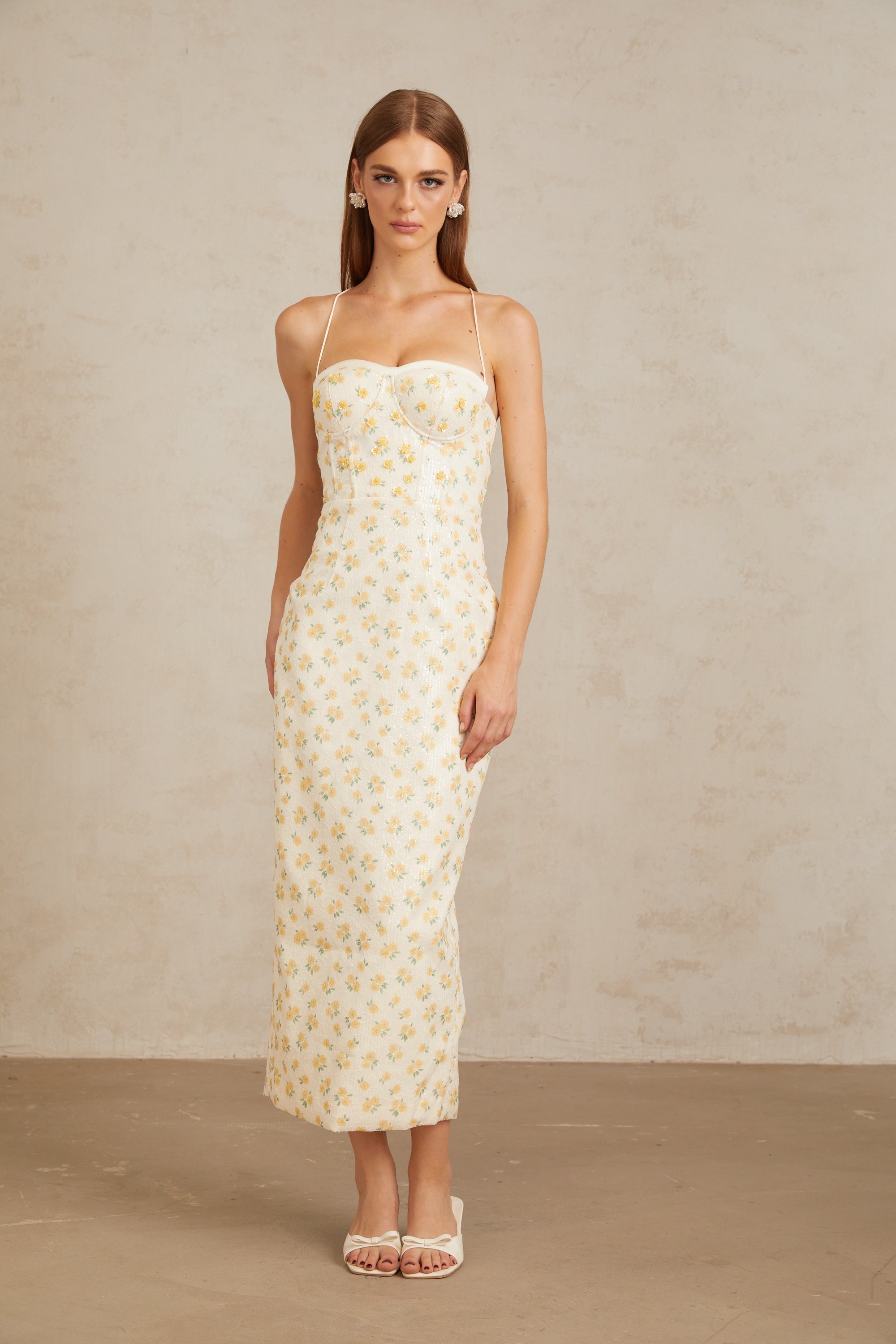 Quincia Yellow Sequined Floral Corset Maxi Gown