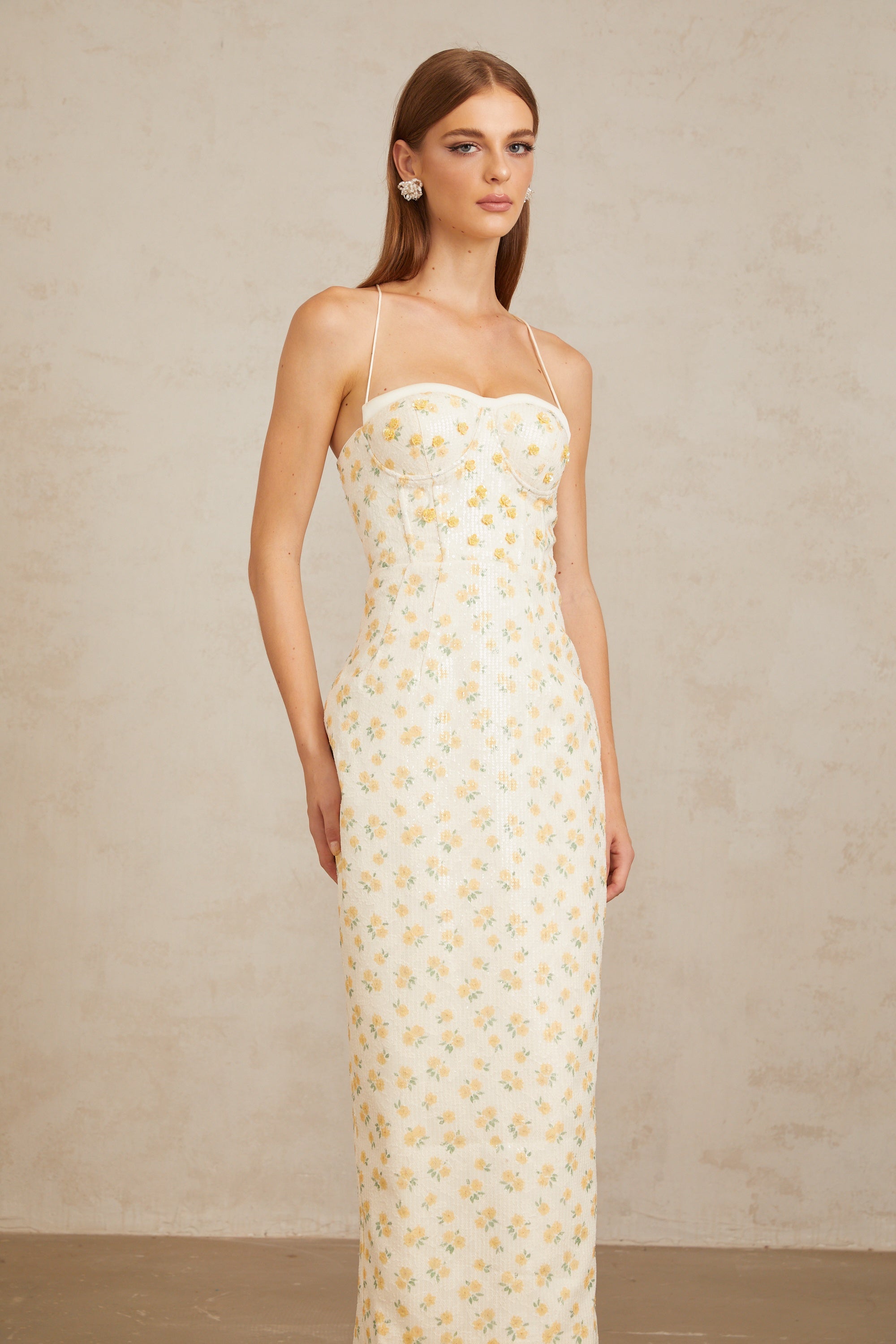 Quincia Yellow Sequined Floral Corset Maxi Gown