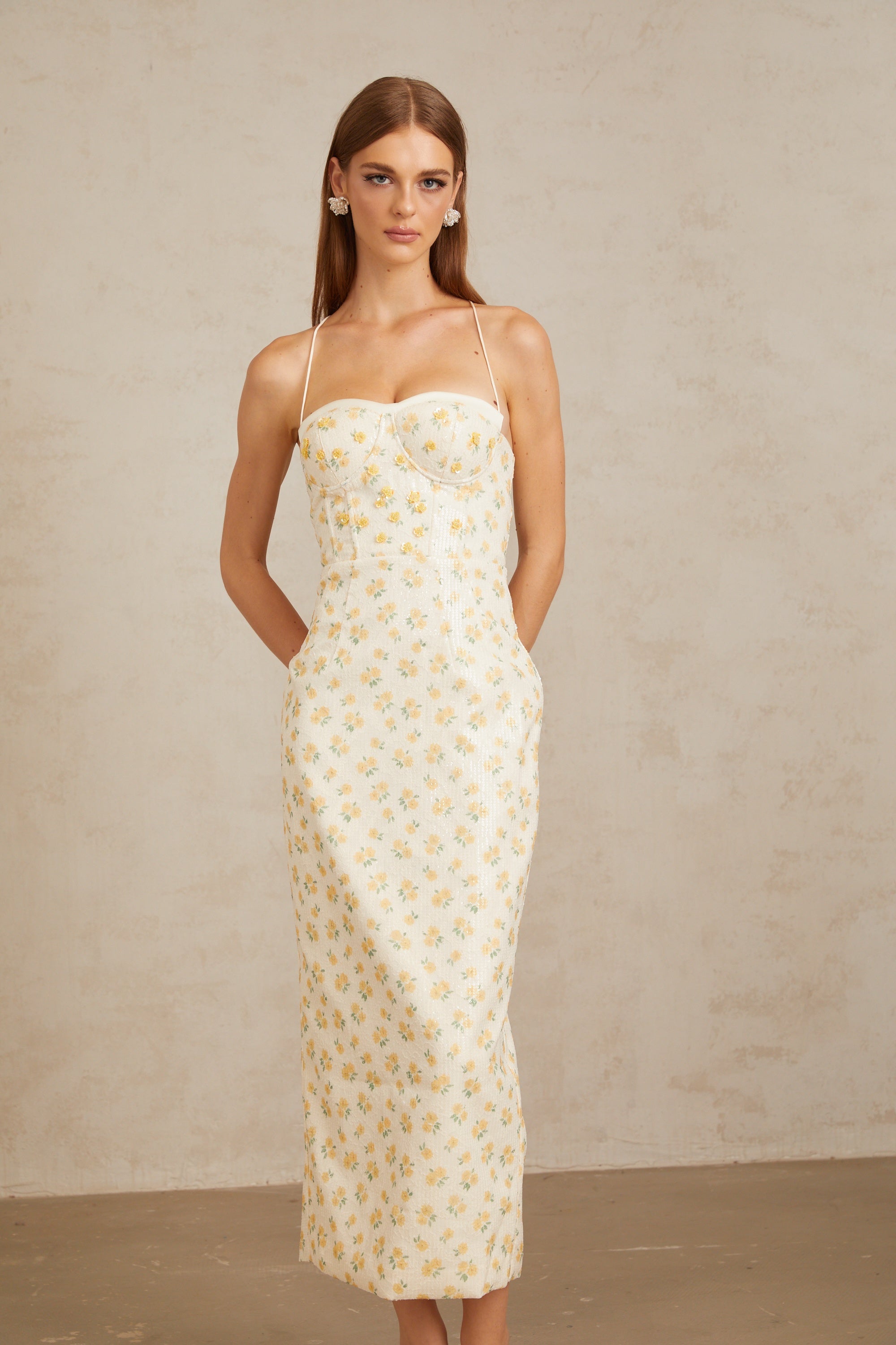 Quincia Yellow Sequined Floral Corset Maxi Gown