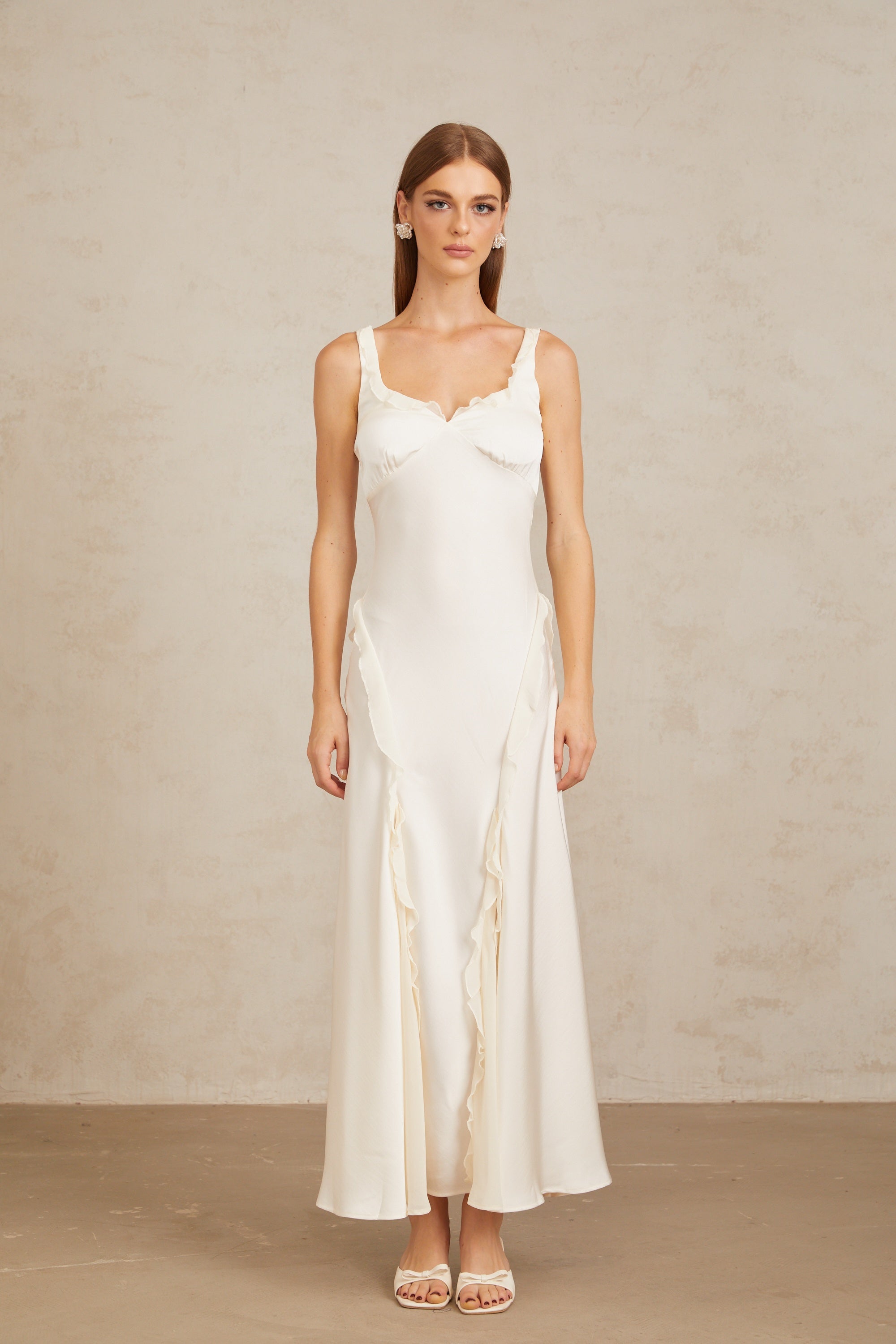 Eeva White Ruffled Trim Maxi Dress
