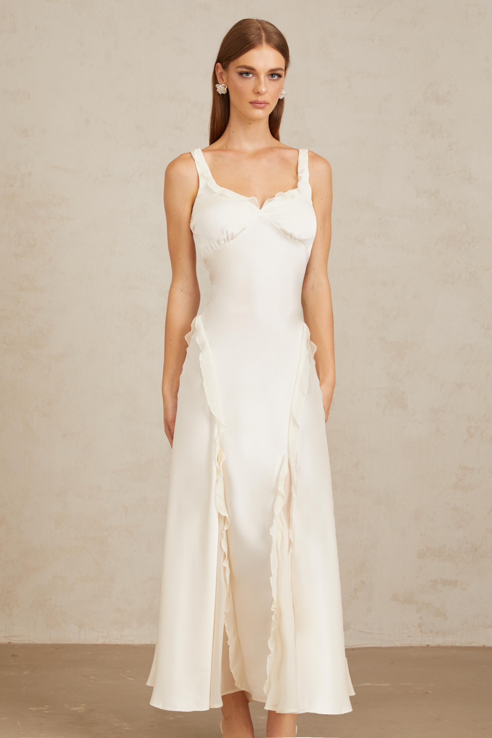 Eeva White Ruffled Trim Maxi Dress