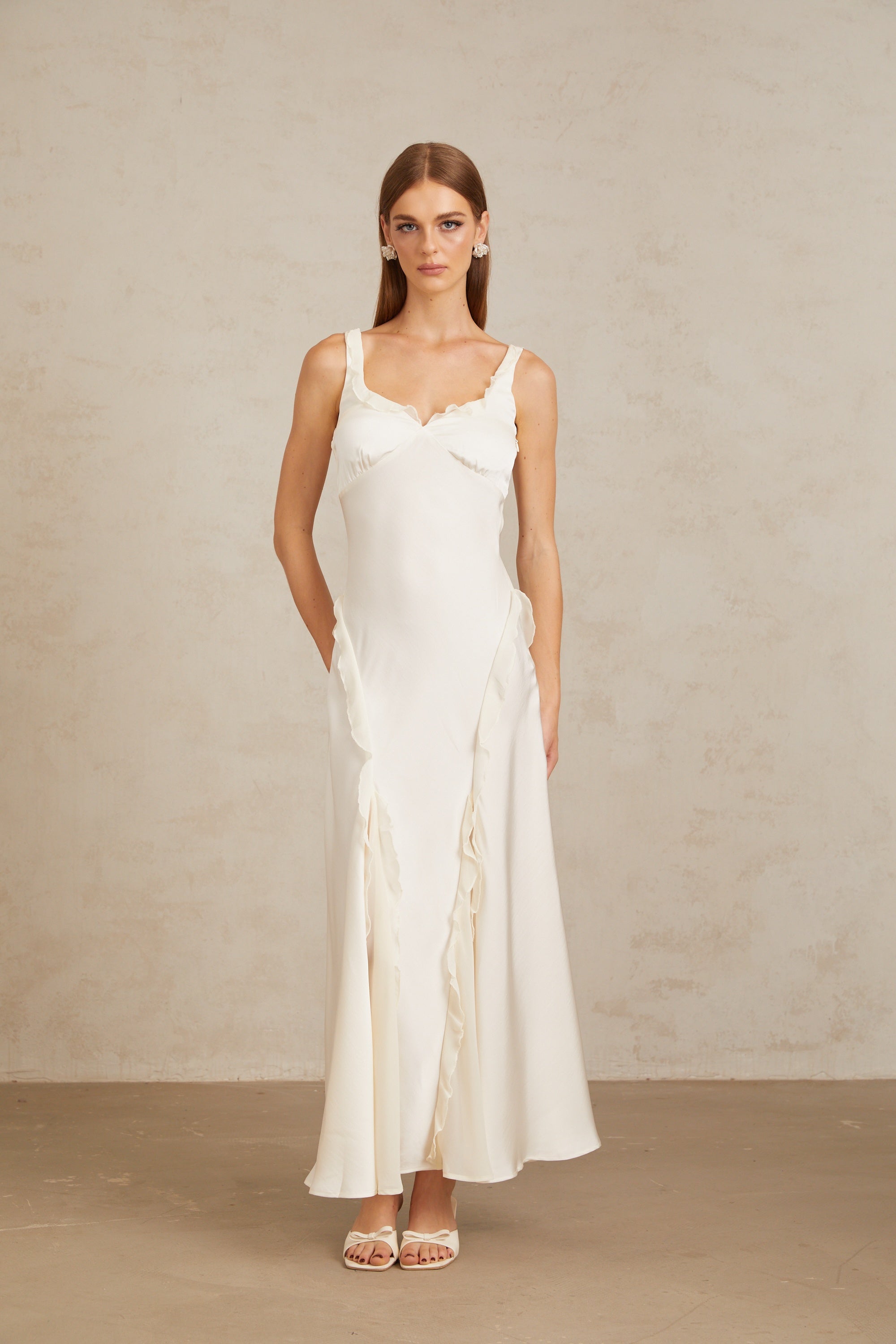 Eeva White Ruffled Trim Maxi Dress