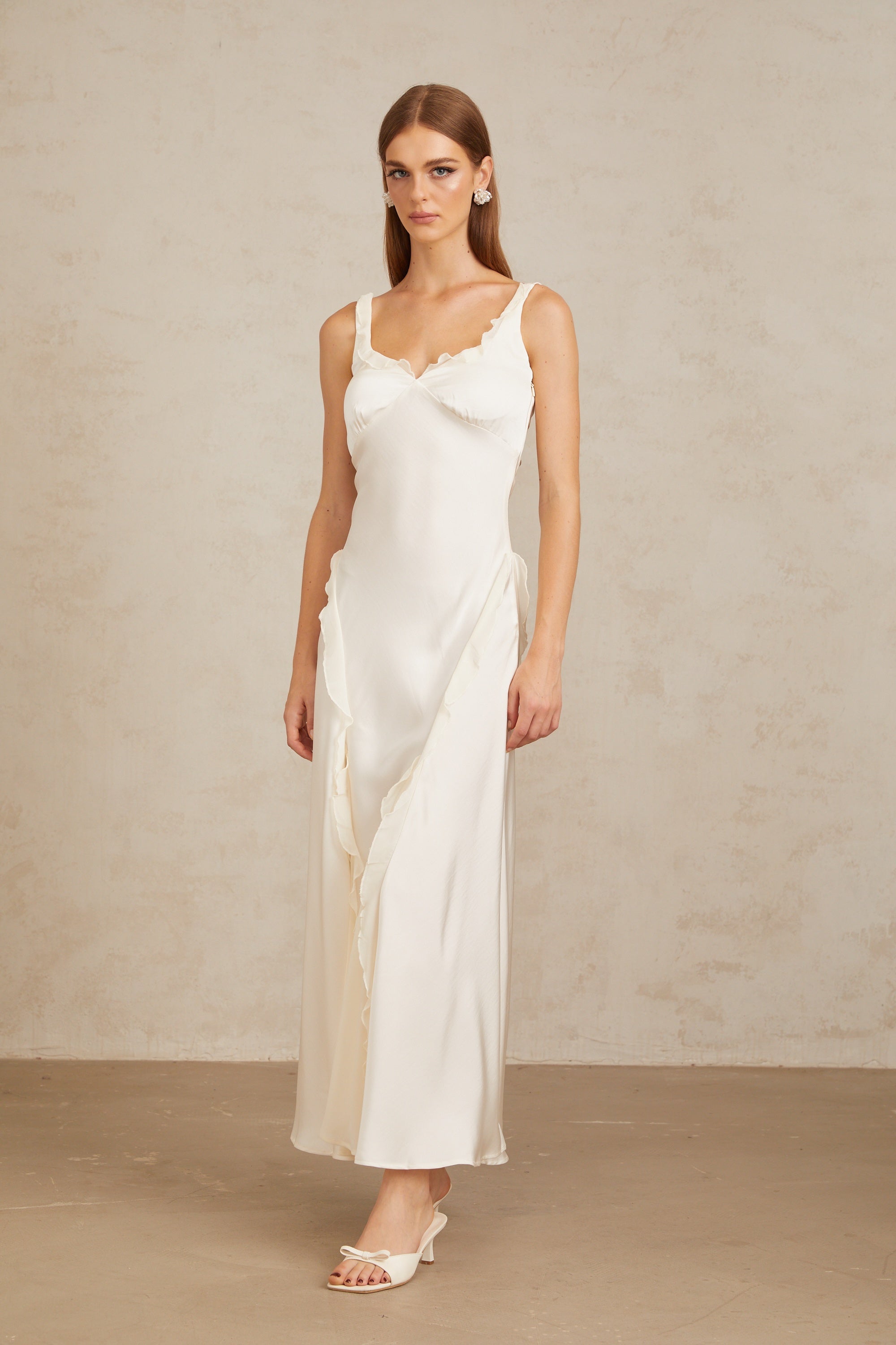 Eeva White Ruffled Trim Maxi Dress