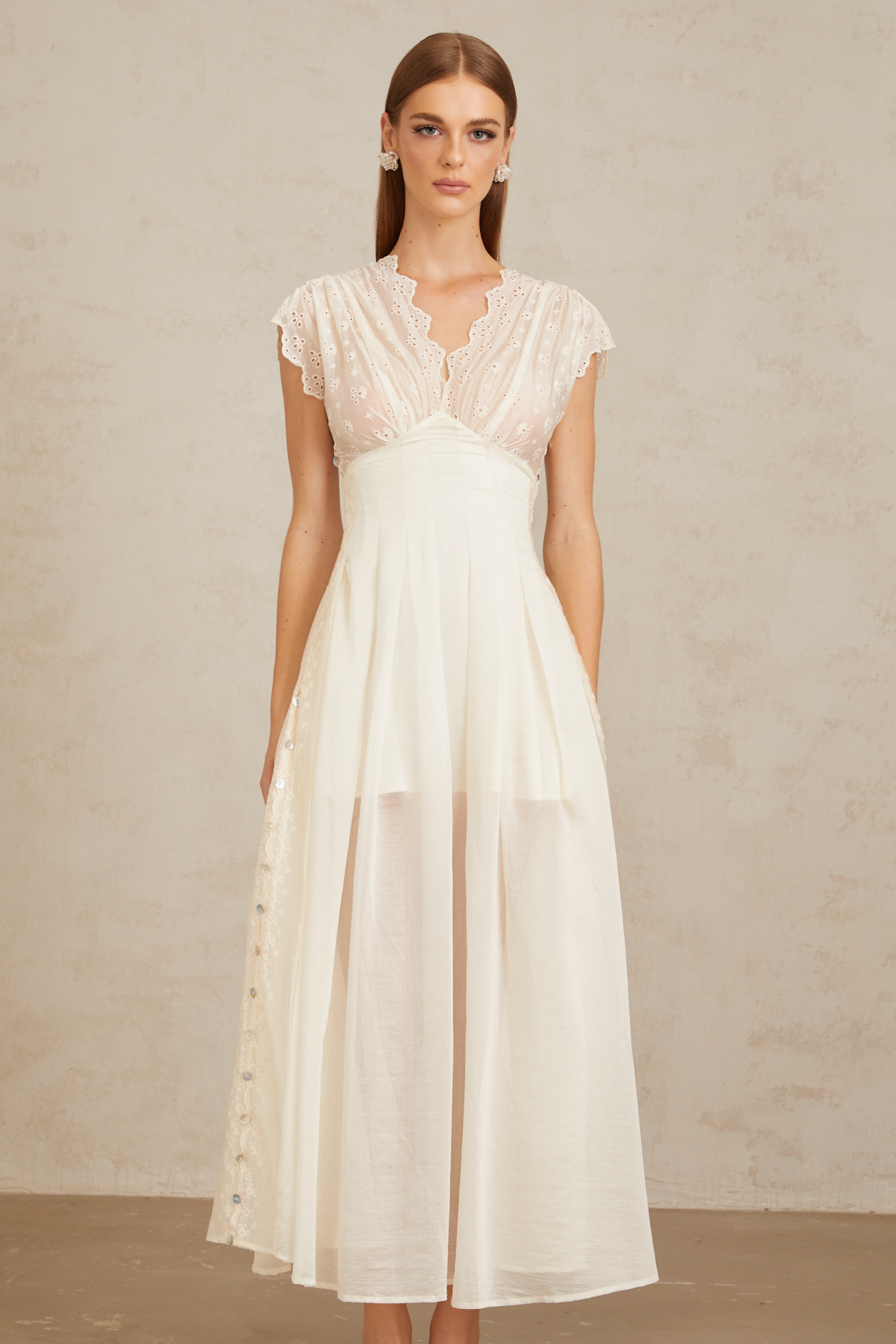 Lumière White Embroidered Shirred Maxi Dress