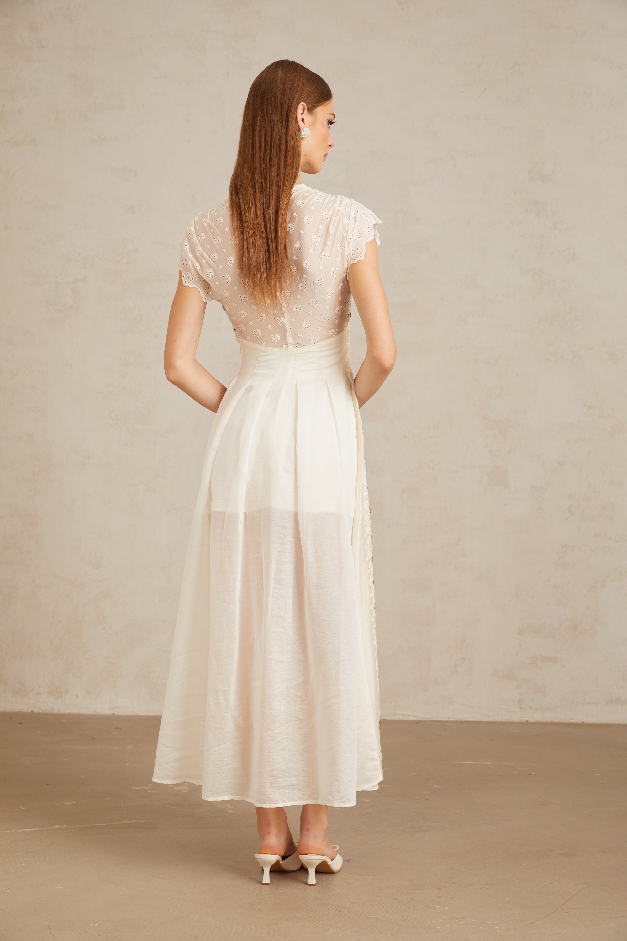 Lumière White Embroidered Shirred Maxi Dress