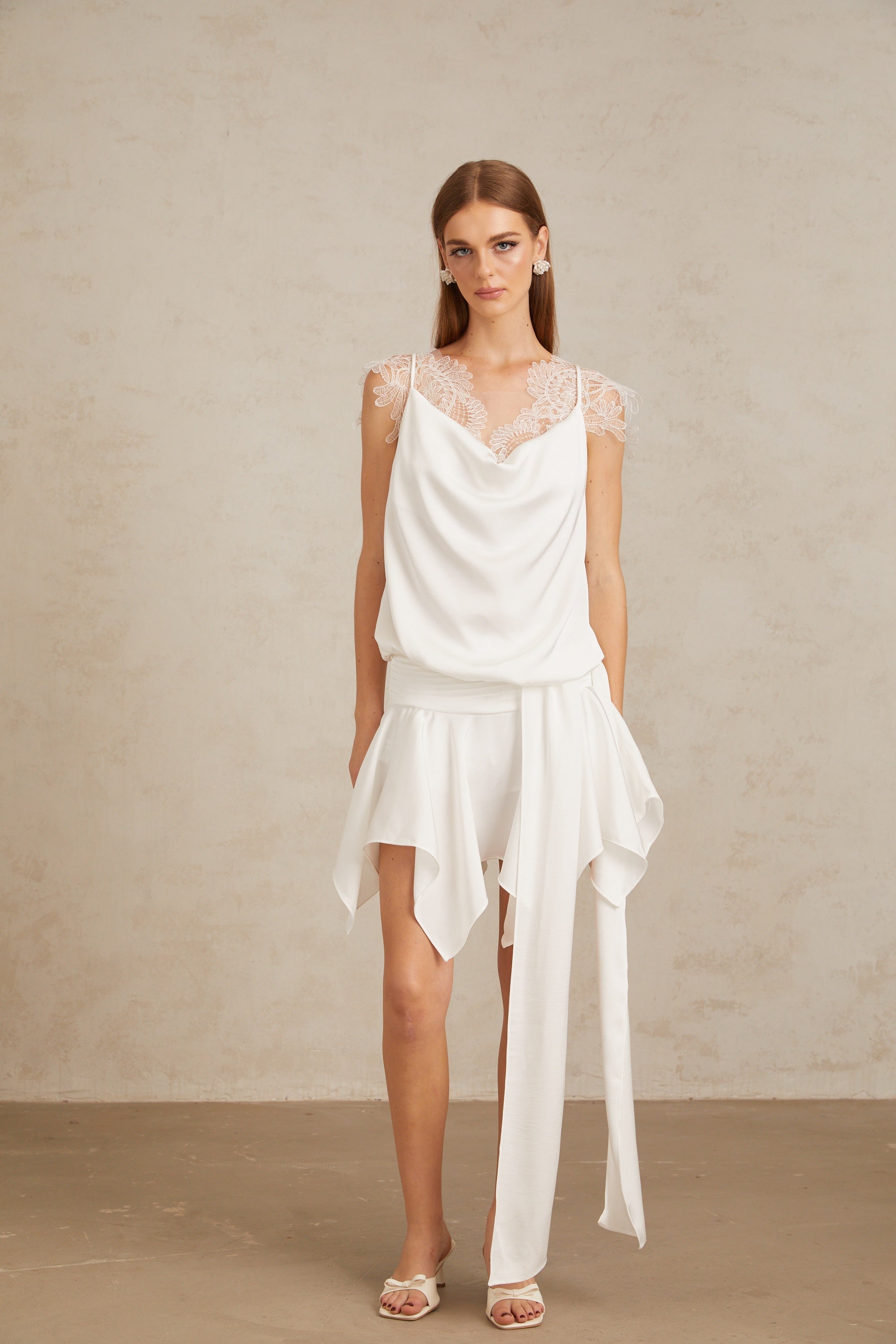 Thérèse White Draped Lace Panel Mini Dress