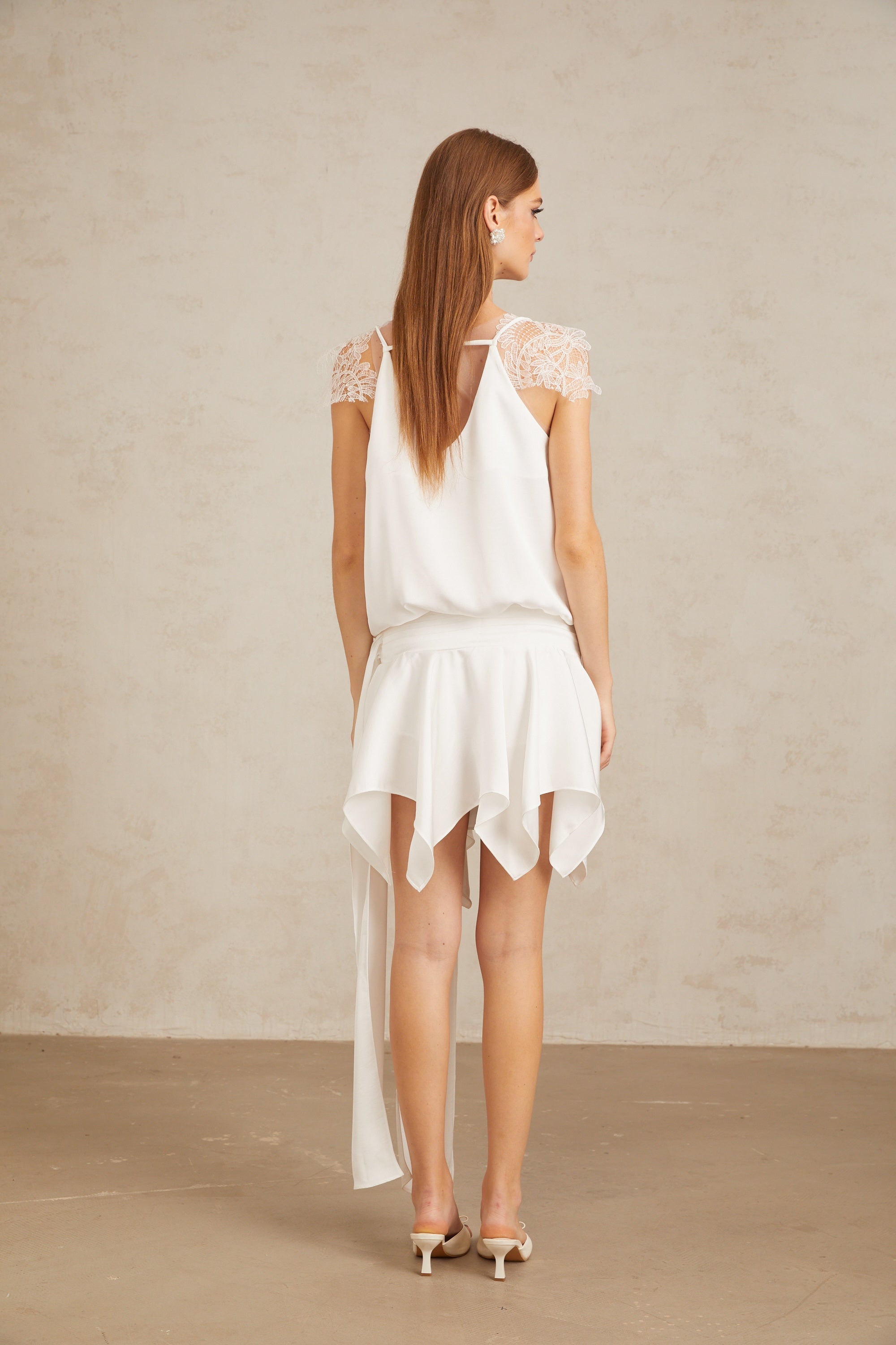 Thérèse White Draped Lace Panel Mini Dress