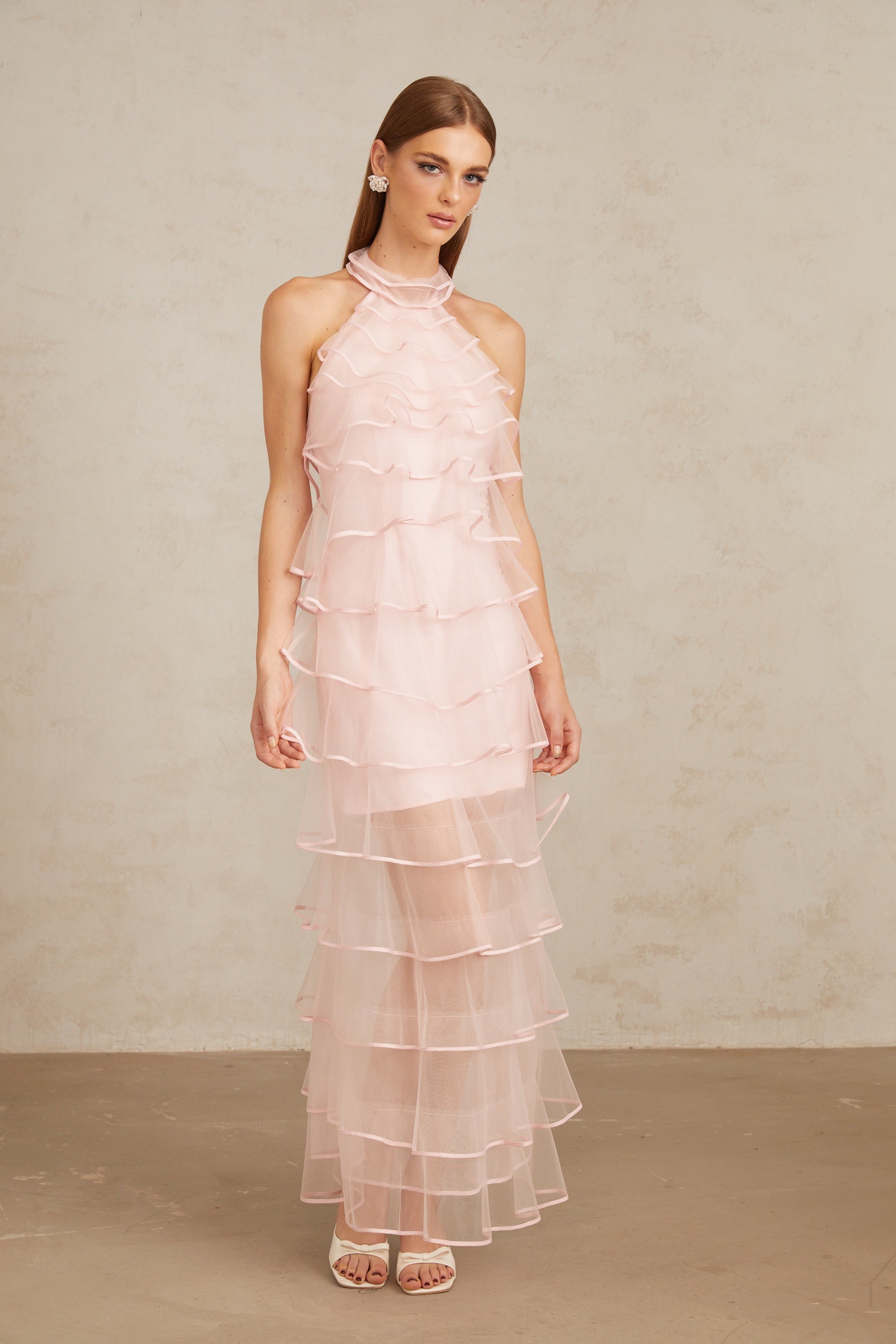 Nonchalante Pink Tiered Halterneck Maxi Dress (Final Sale-US Only)