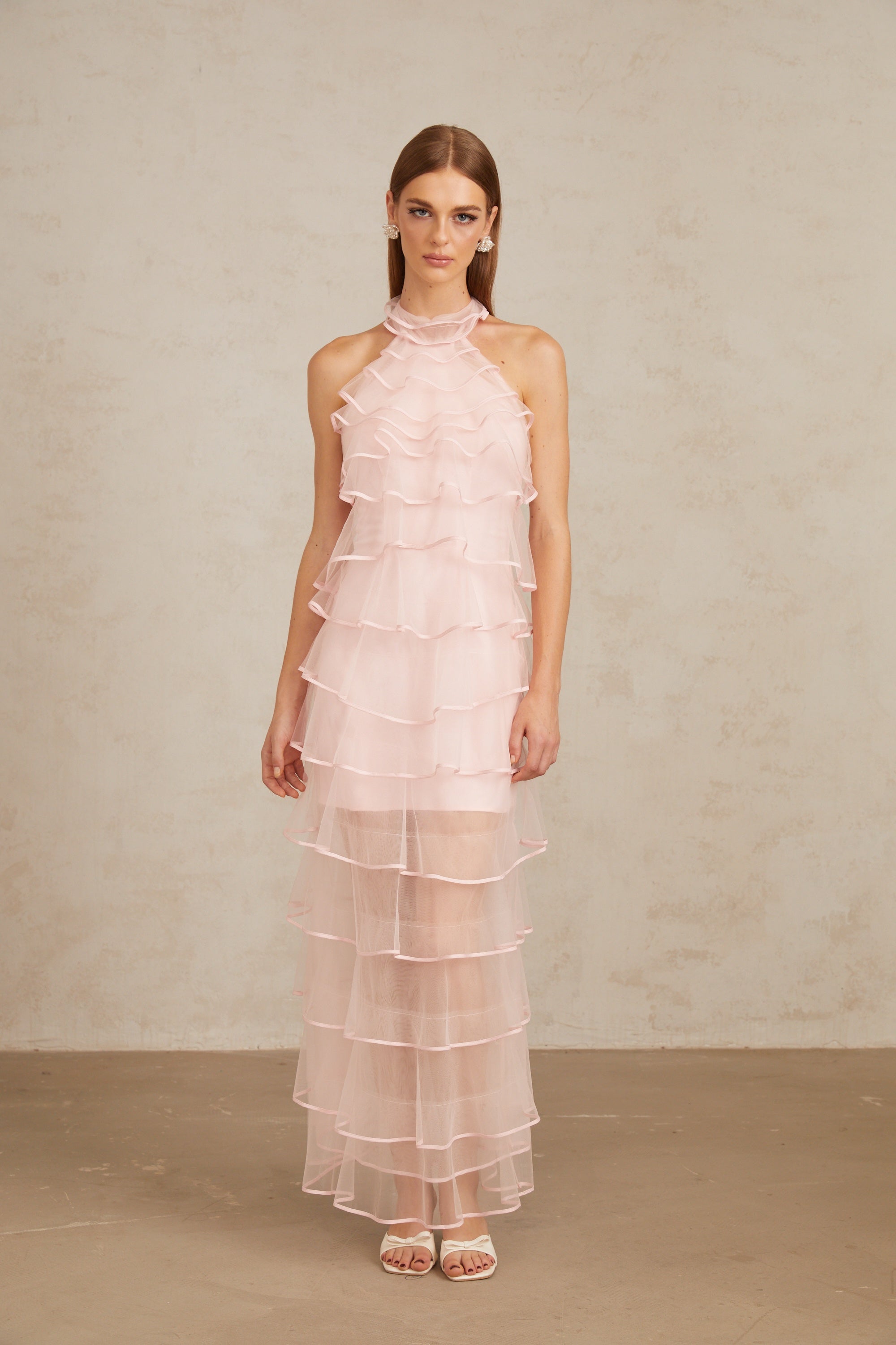 Nonchalante Pink Tiered Halterneck Maxi Dress (Final Sale-US Only)