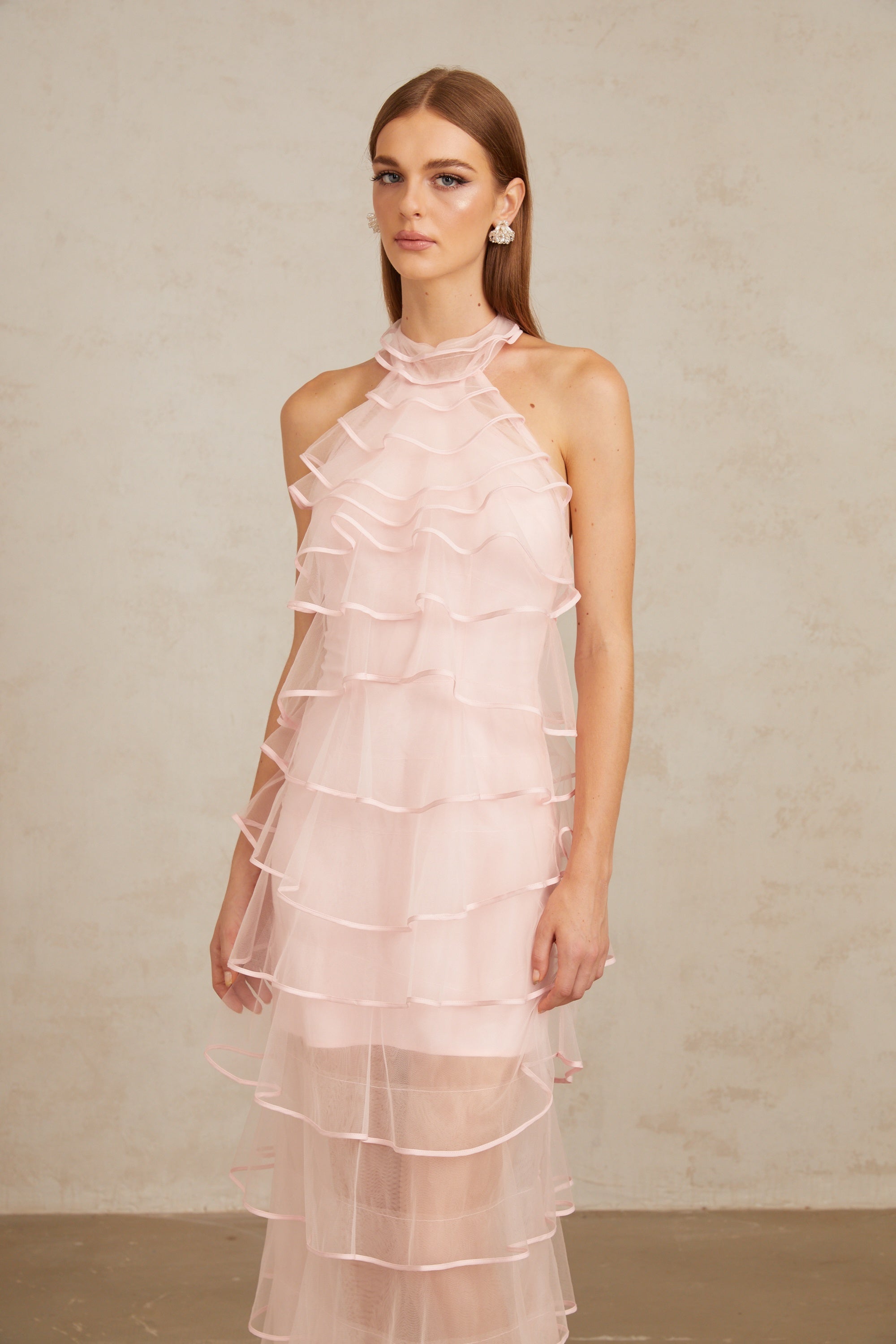 Nonchalante Pink Tiered Halterneck Maxi Dress (Final Sale-US Only)