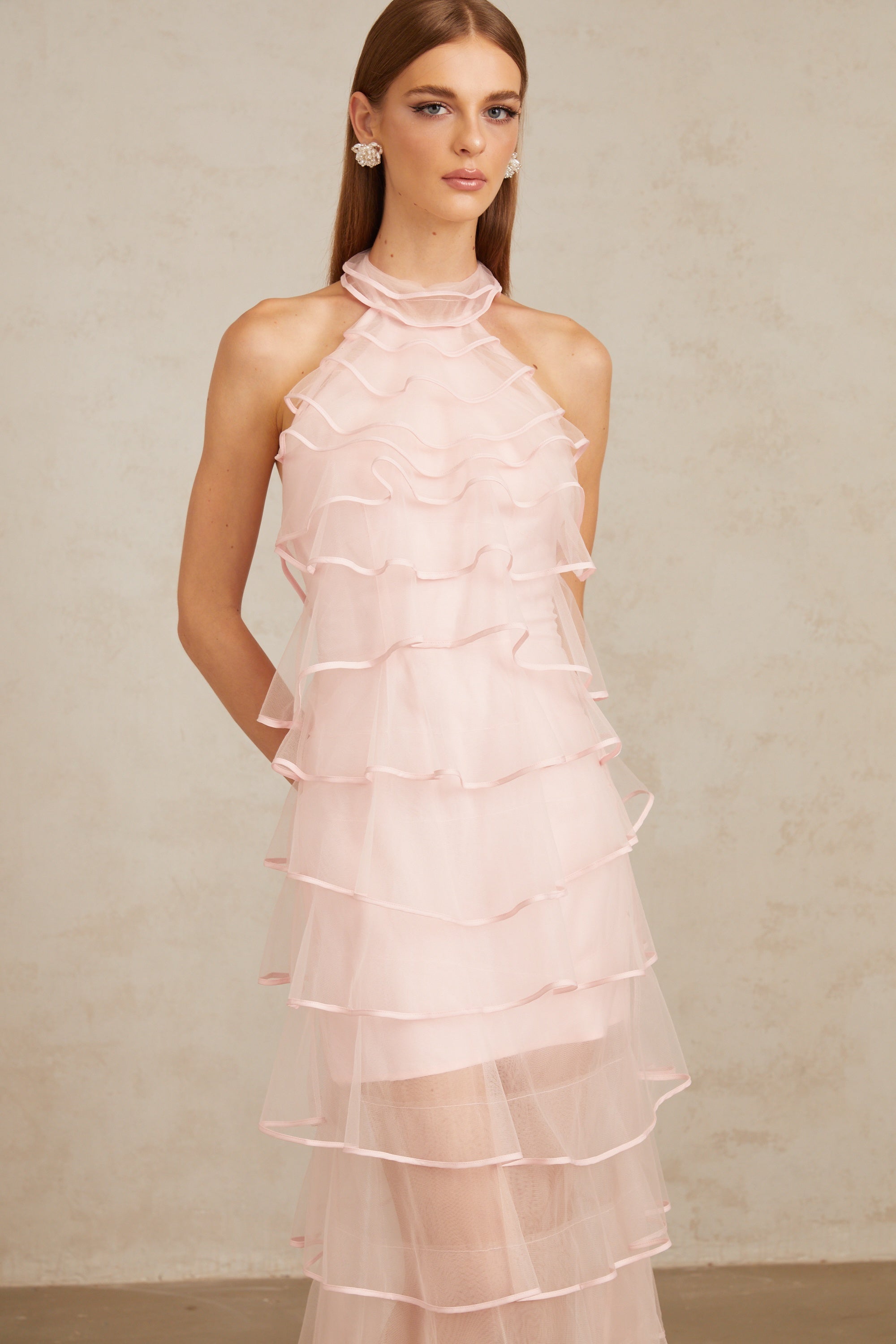 Nonchalante Pink Tiered Halterneck Maxi Dress (Final Sale-US Only)