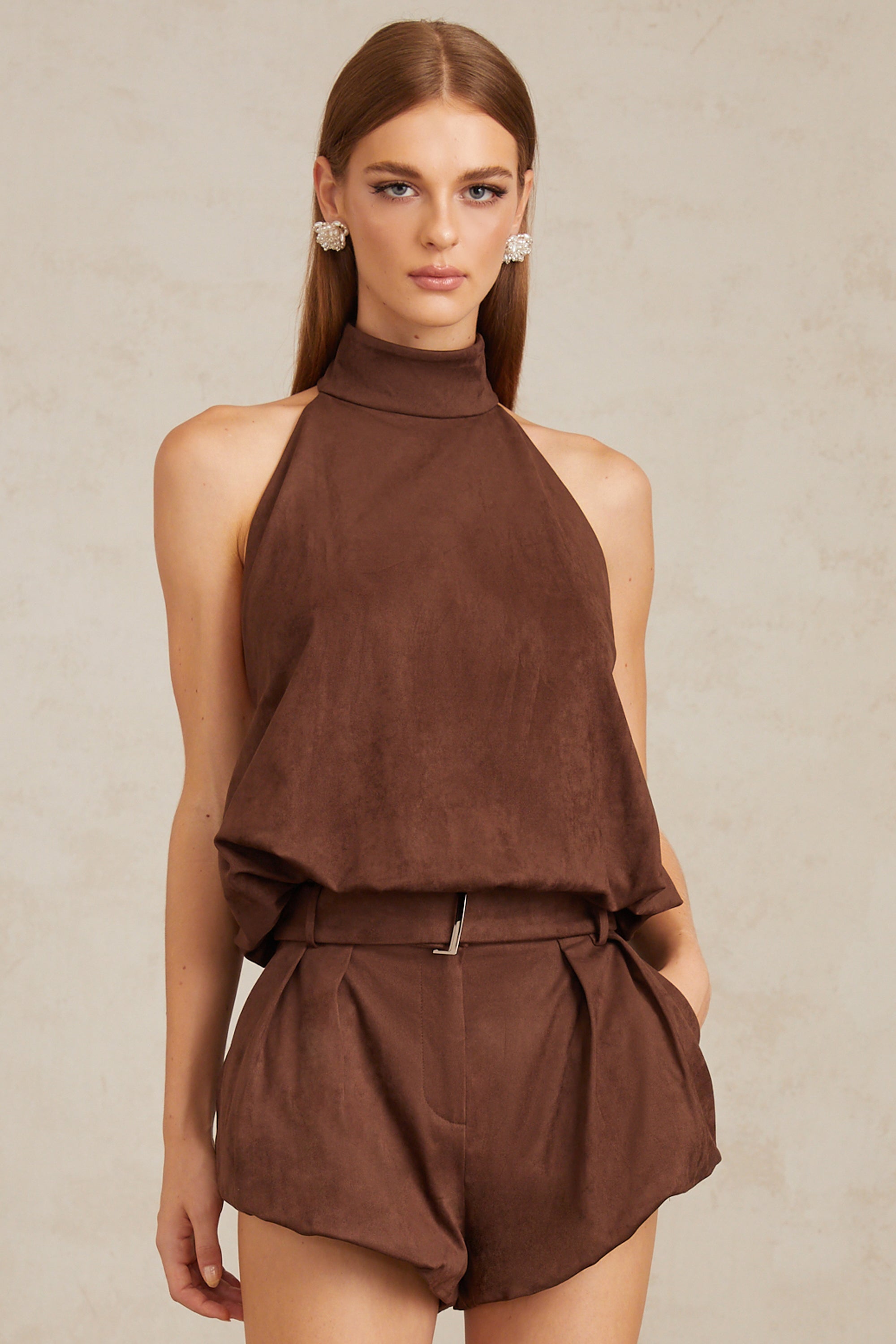 Chaney Brown Suede Bubble Hem Top & Shorts Set (Final Sale-US Only)