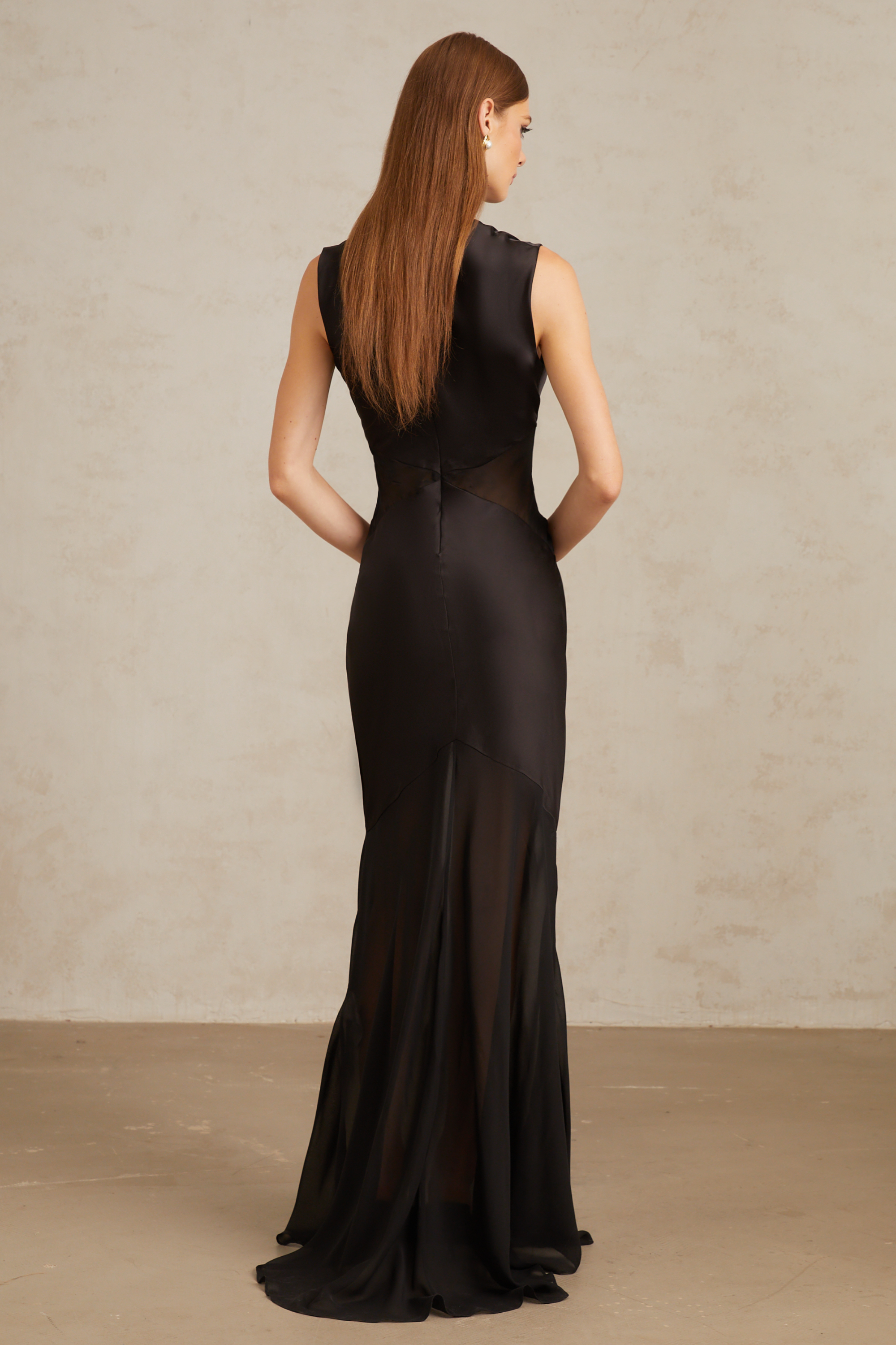 Siiri Black Tulle Panel Satin Maxi Gown
