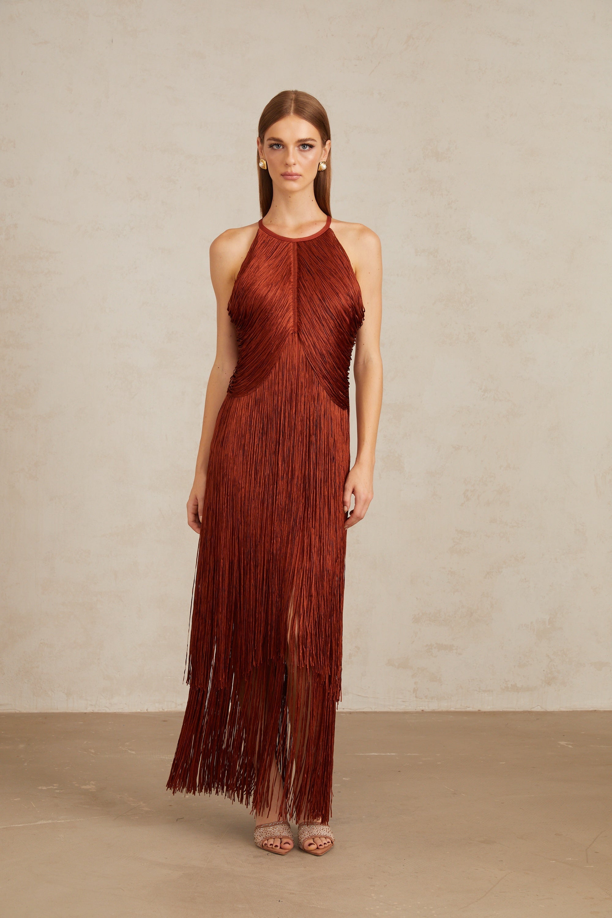 Mélisande Rusty Red Halterneck Fringed Maxi Gown