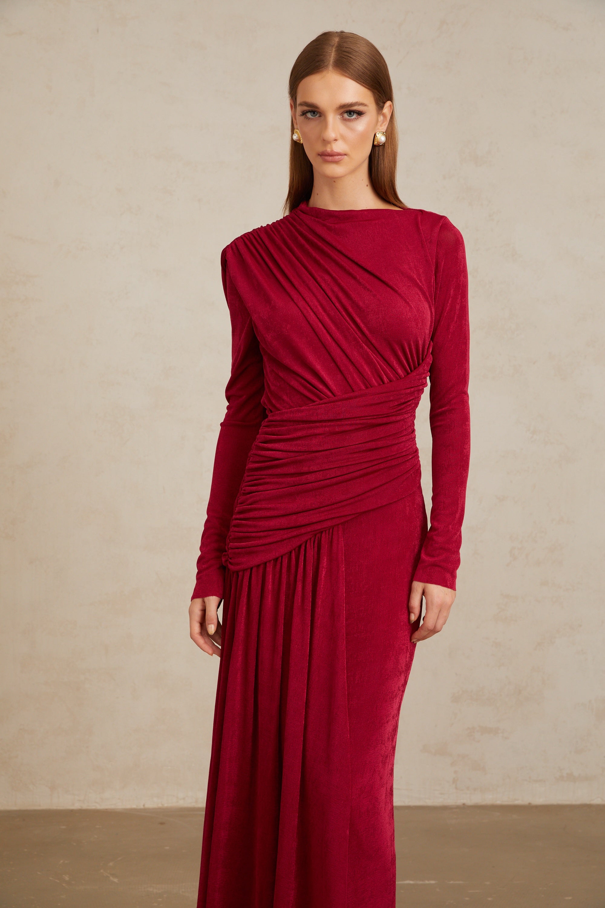 Charme Red Ruched Maxi Dress