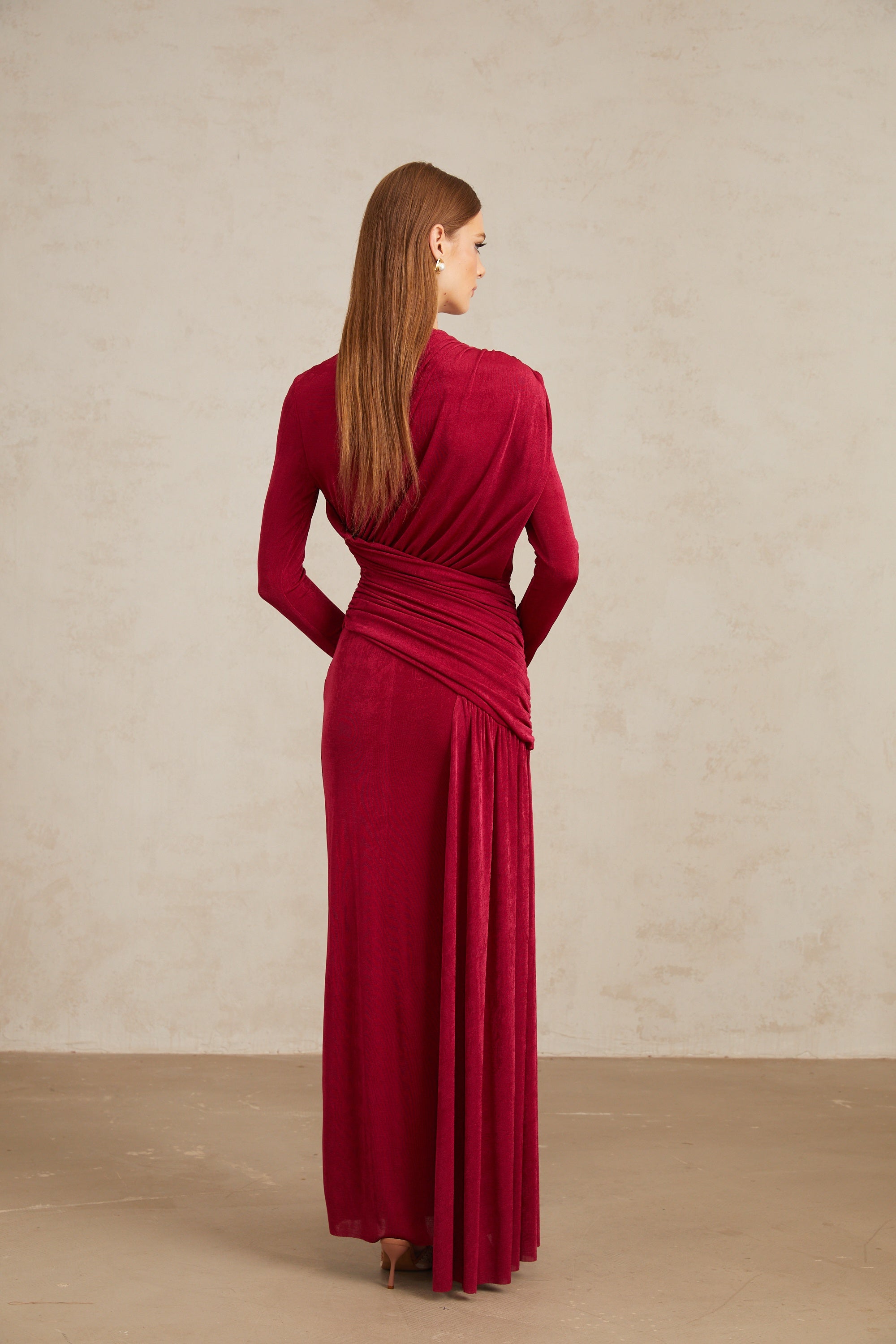Charme Red Ruched Maxi Dress