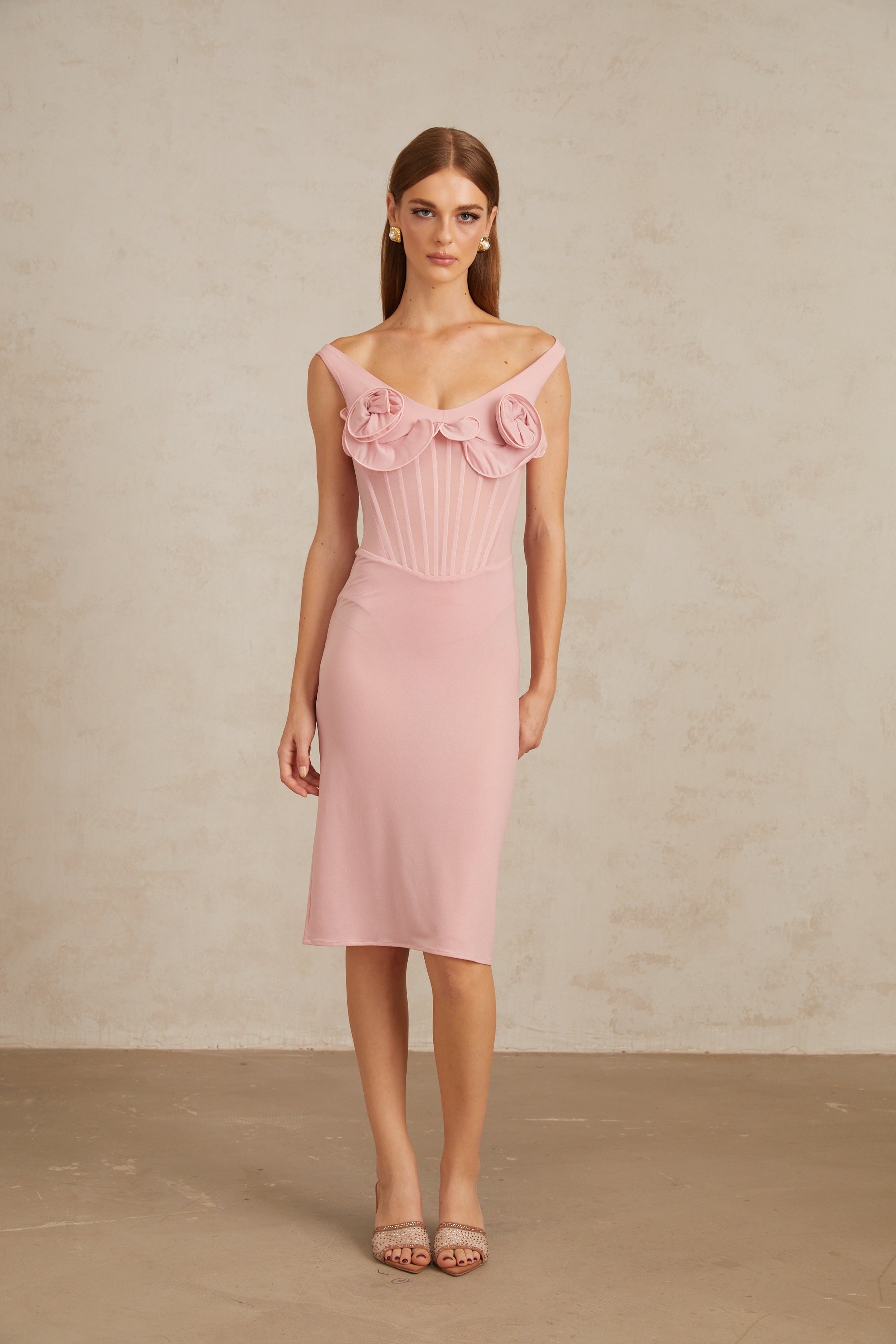 Aada Pink Fitted 3D Petal Midi Dress (Final Sale-US Only)