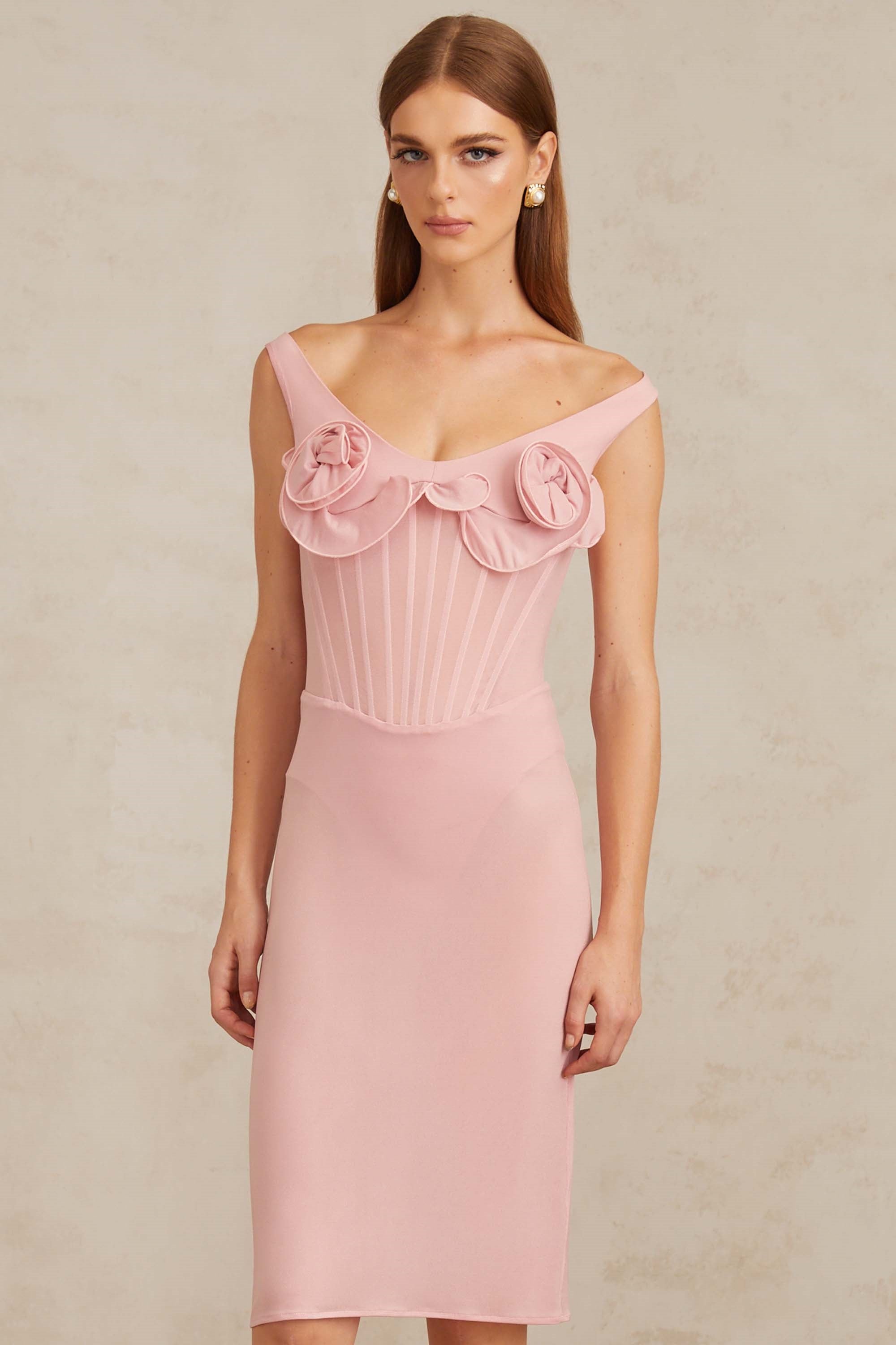 Aada Pink Fitted 3D Petal Midi Dress (Final Sale)