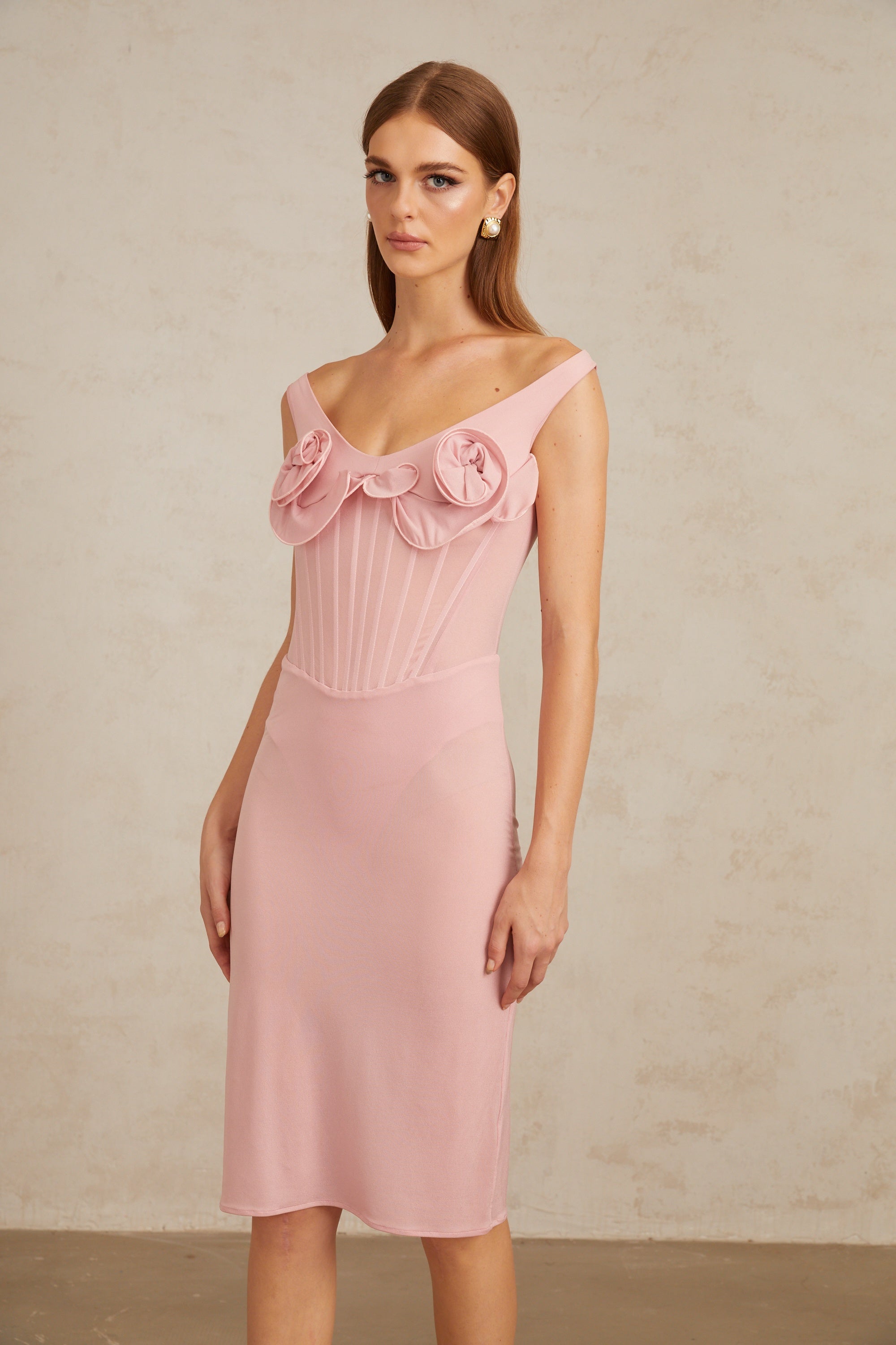 Aada Pink Fitted 3D Petal Midi Dress (Final Sale-US Only)