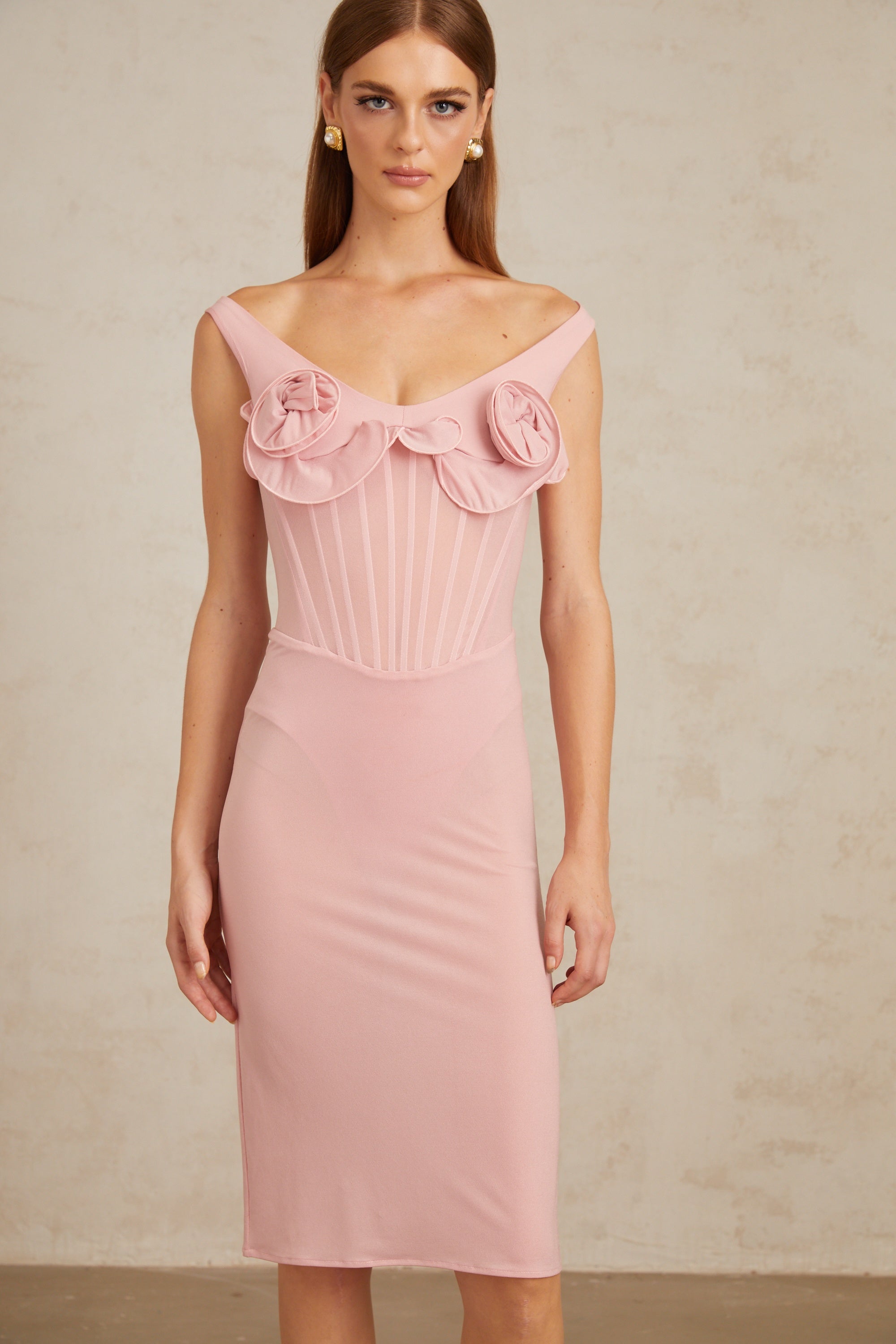 Aada Pink Fitted 3D Petal Midi Dress (Final Sale-US Only)