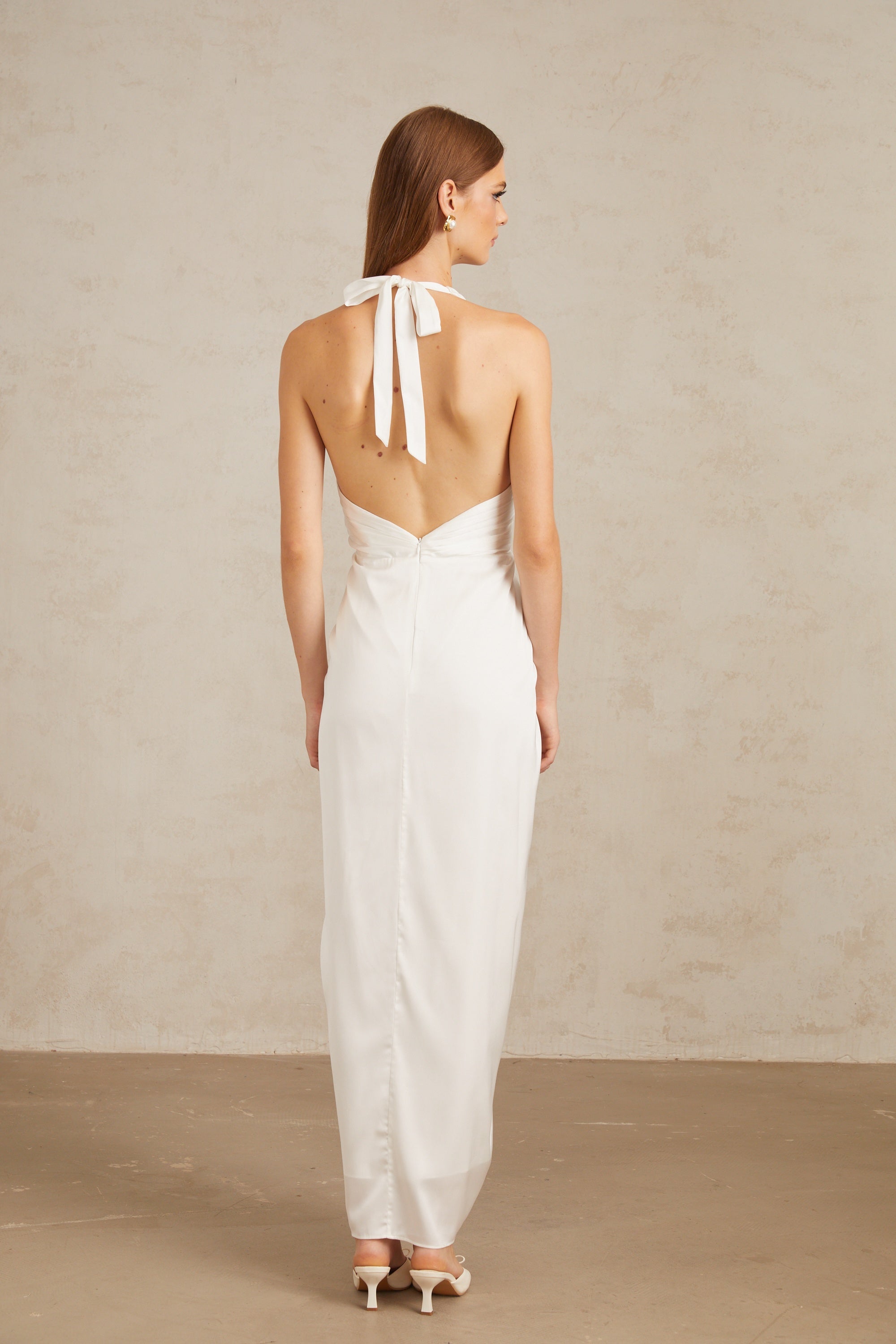 Anais White Gathered Floral Appliqué Maxi Gown