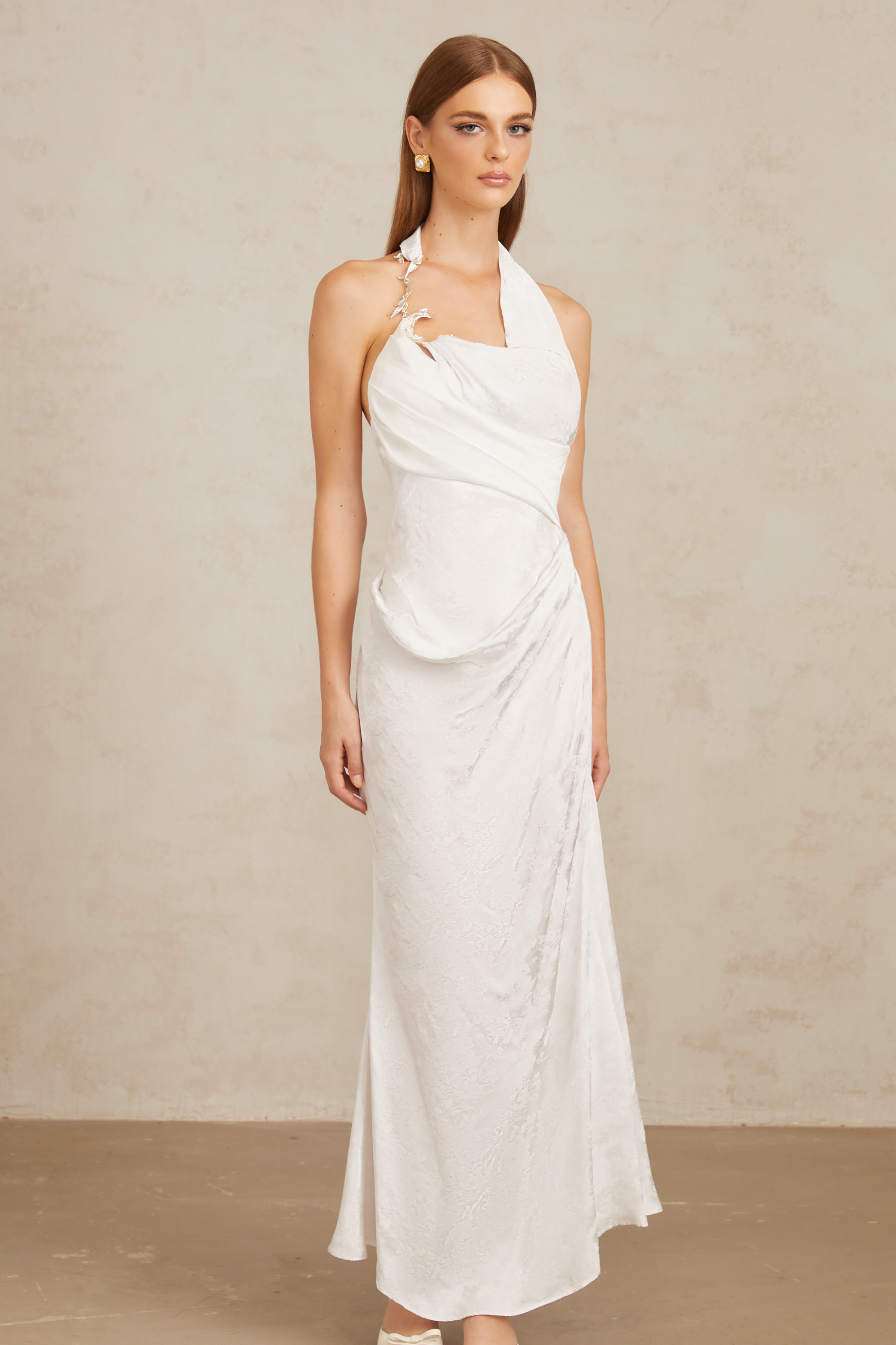 Marie White Ruched Jacquard Floral Maxi Dress
