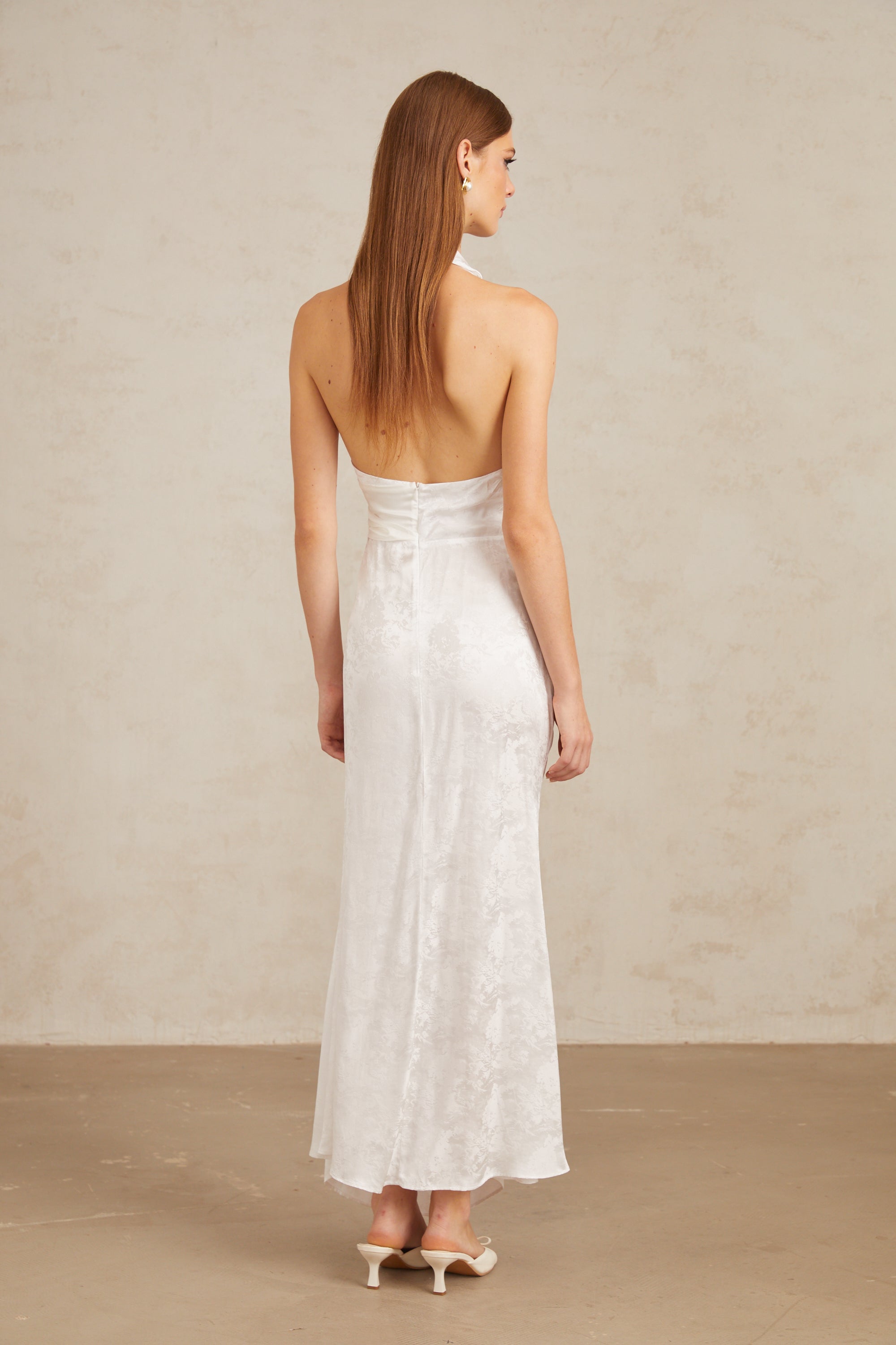 Marie White Ruched Jacquard Floral Maxi Dress