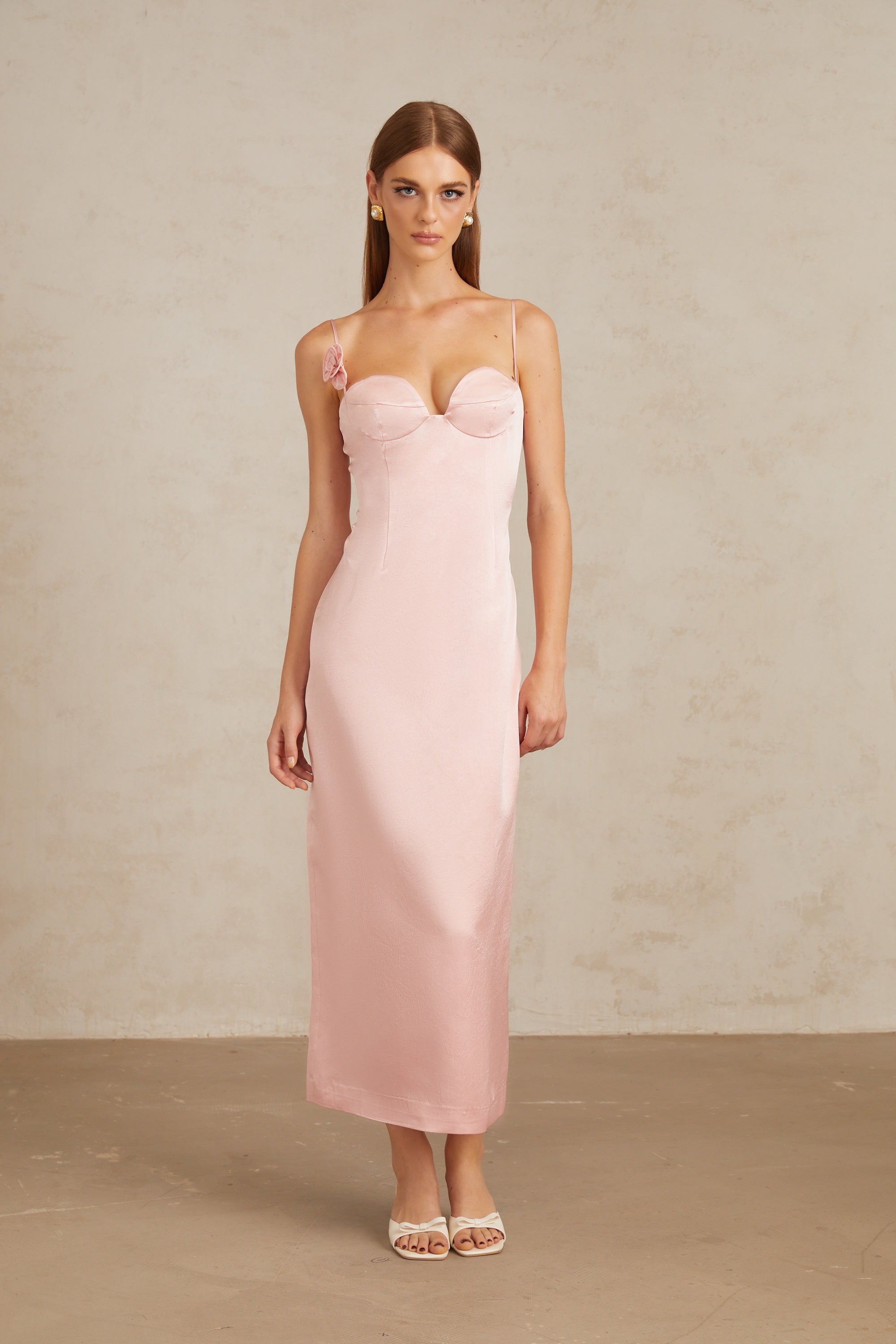 Ida Pink Floral Satin Midi Dress