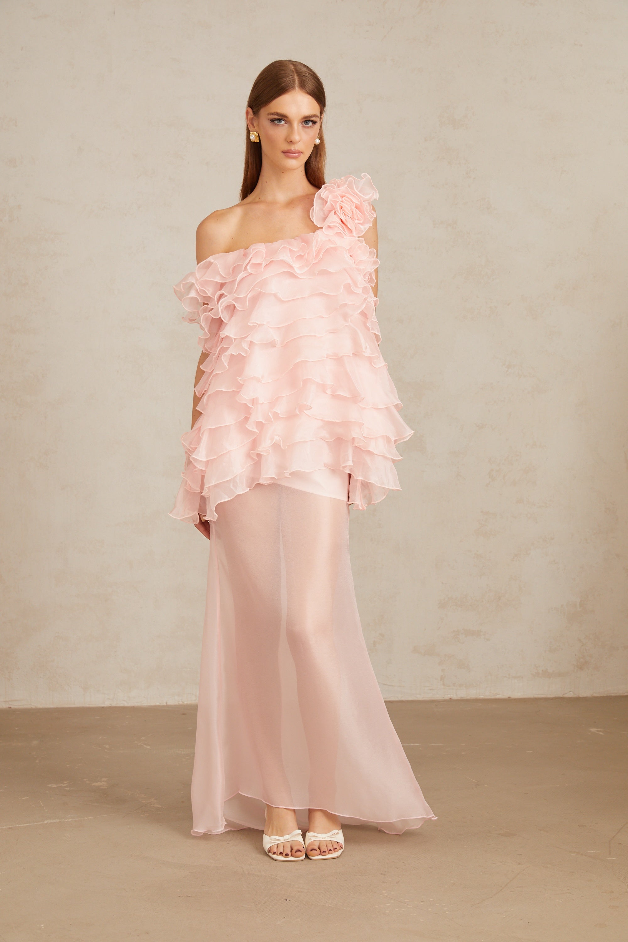 Rosalie Pink Layered Ruffled Floral Maxi Dress