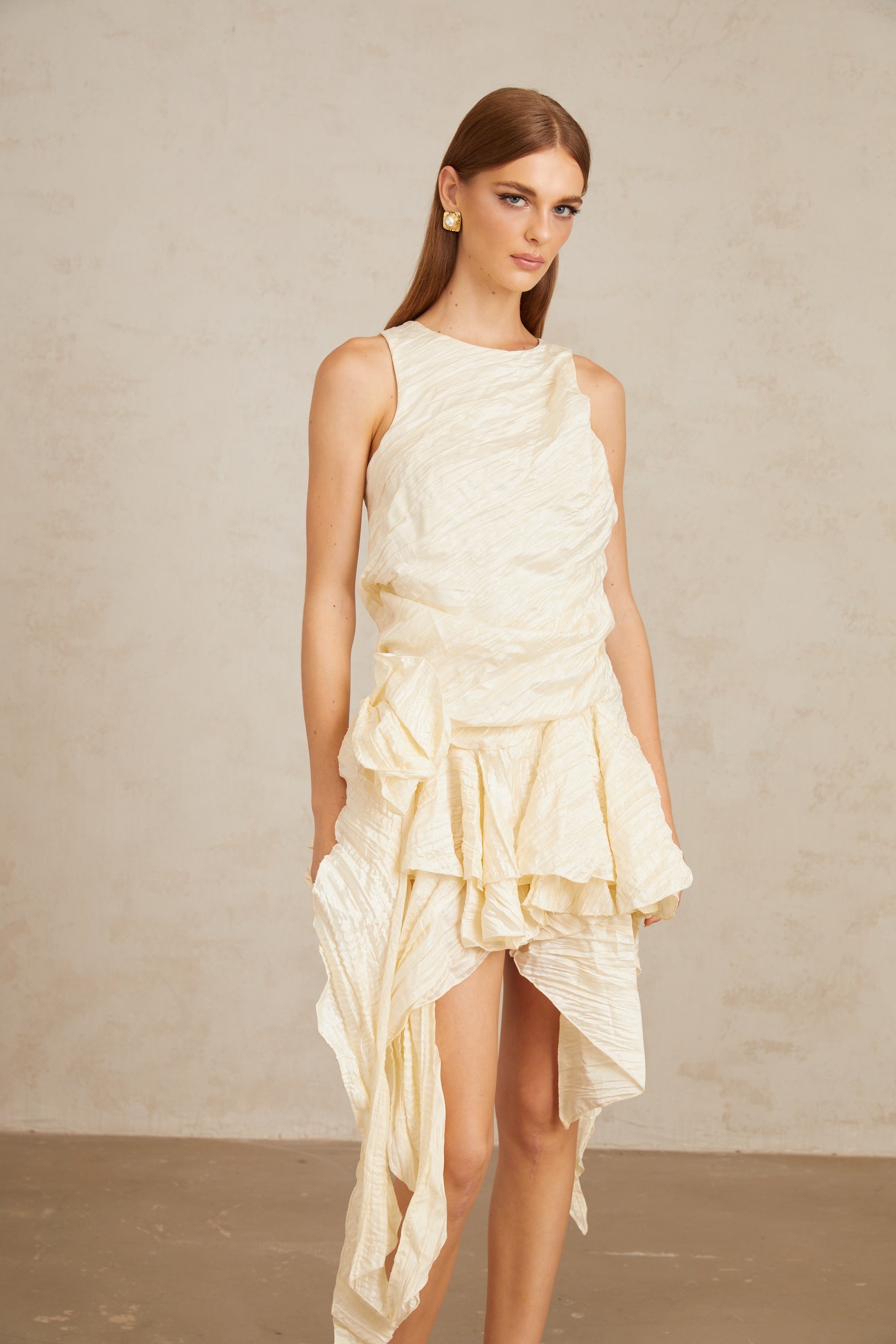 Helka Neutral Creased Asymmetrical Floral Mini Dress