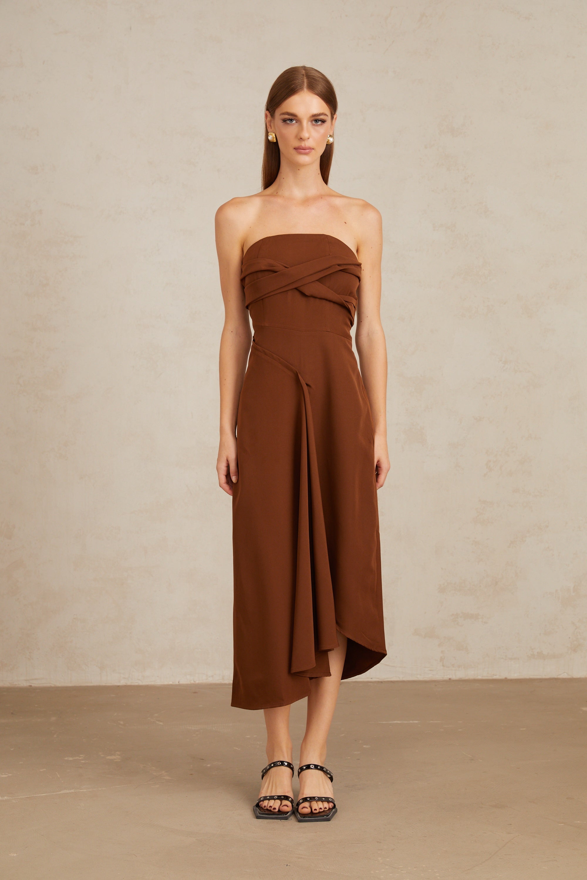 Kyliegh Brown Asymmetrical Off-Shoulder Midi Dress