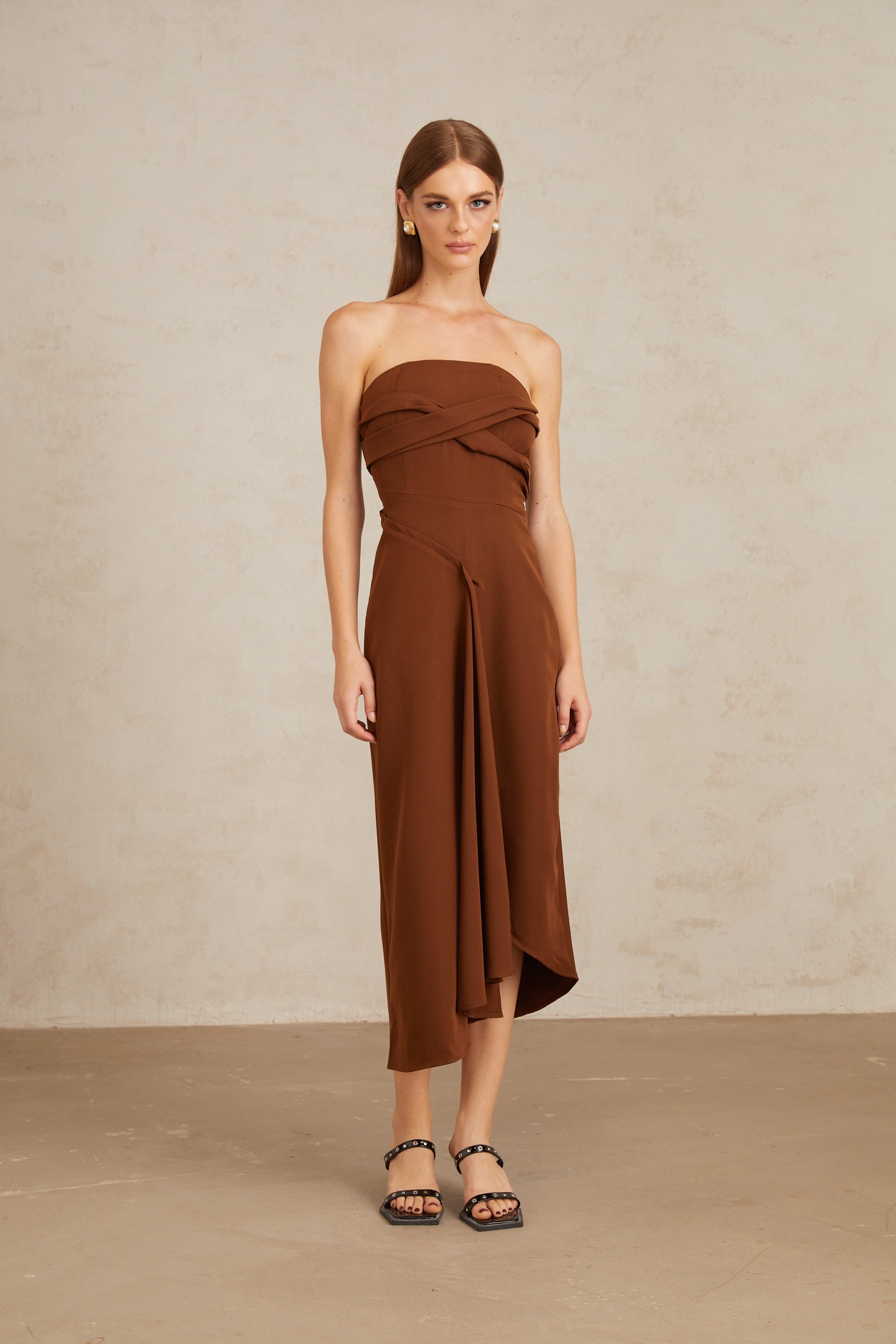 Kyliegh Brown Asymmetrical Off-Shoulder Midi Dress