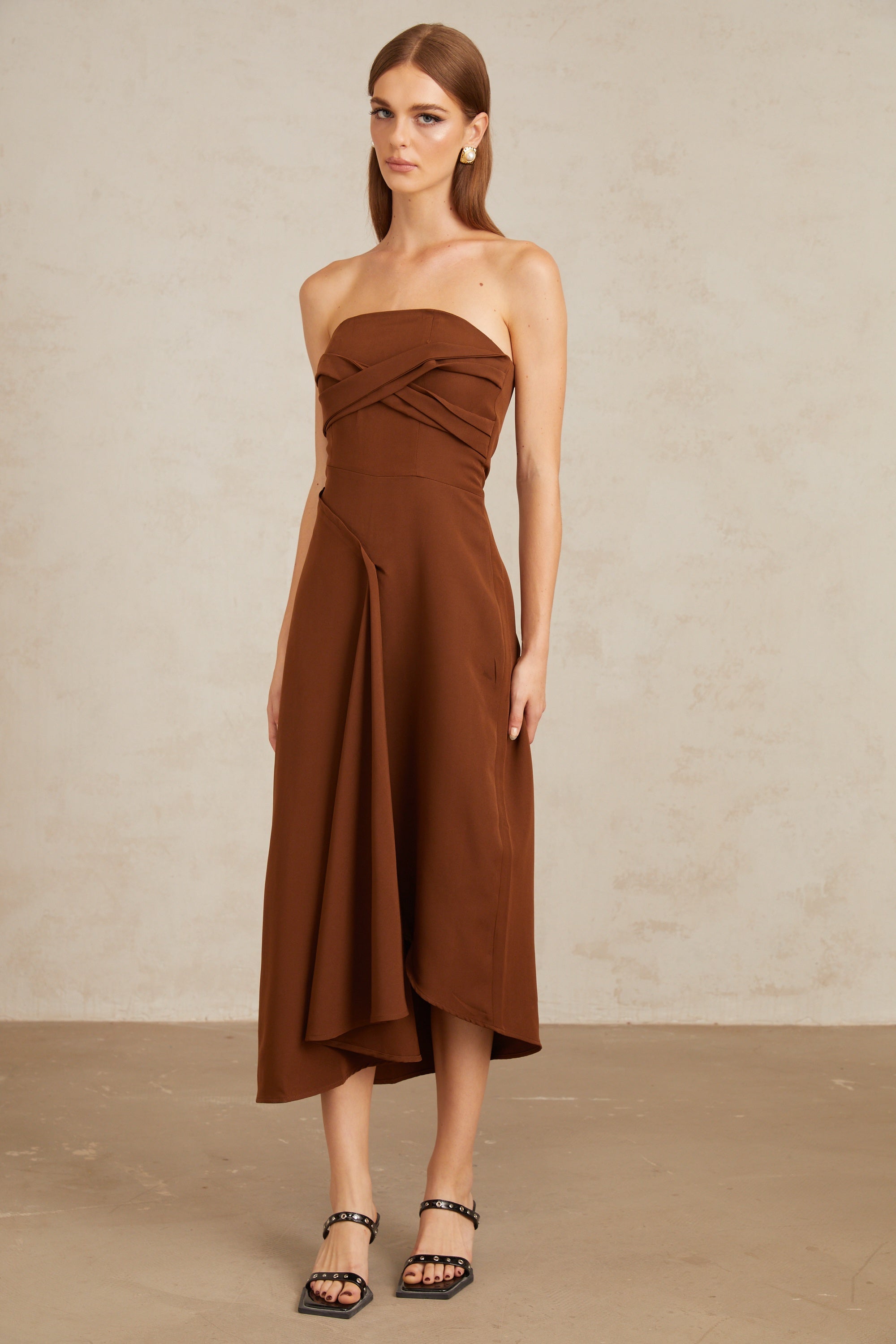 Kyliegh Brown Asymmetrical Off-Shoulder Midi Dress