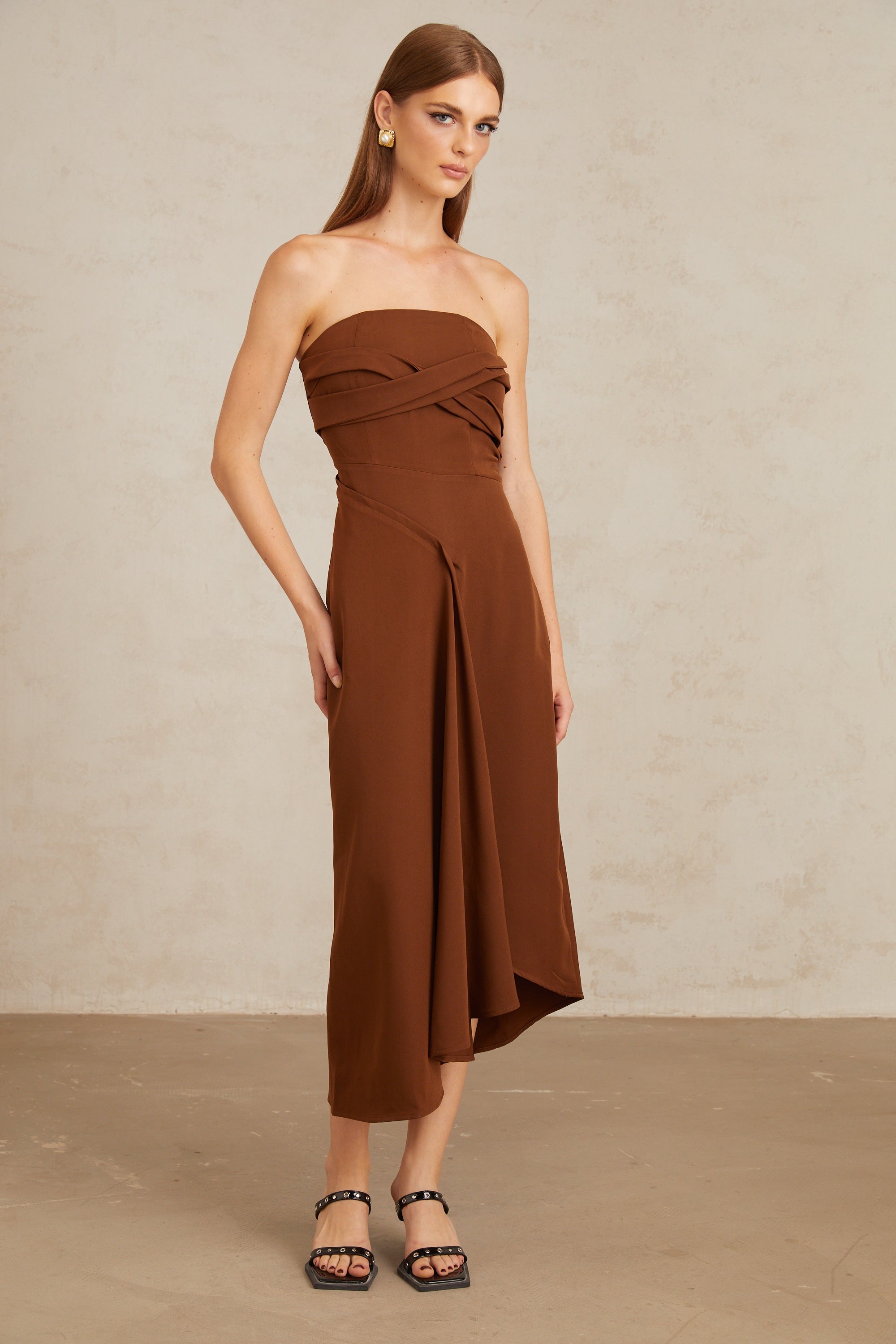 Kyliegh Brown Asymmetrical Off-Shoulder Midi Dress