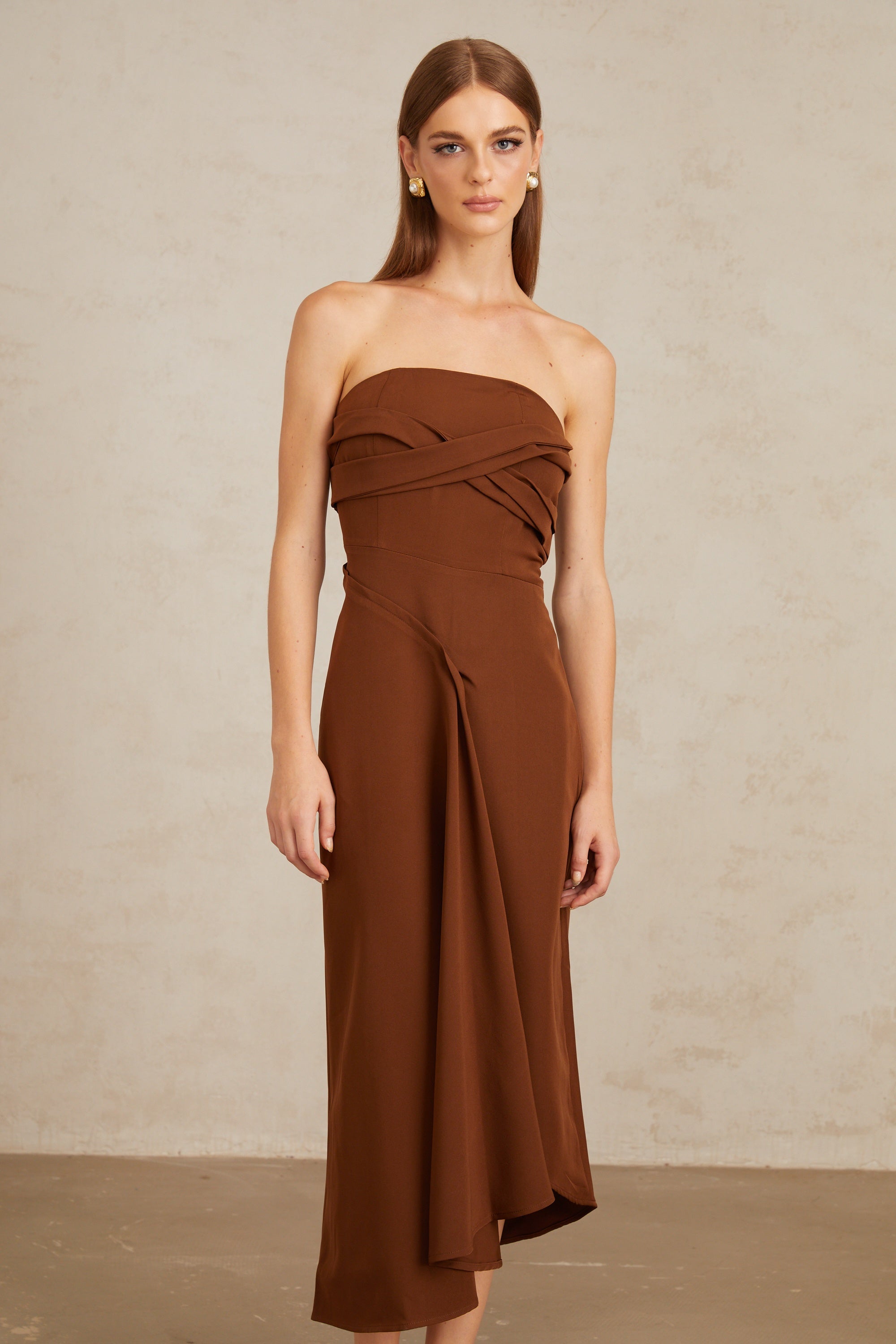 Kyliegh Brown Asymmetrical Off-Shoulder Midi Dress