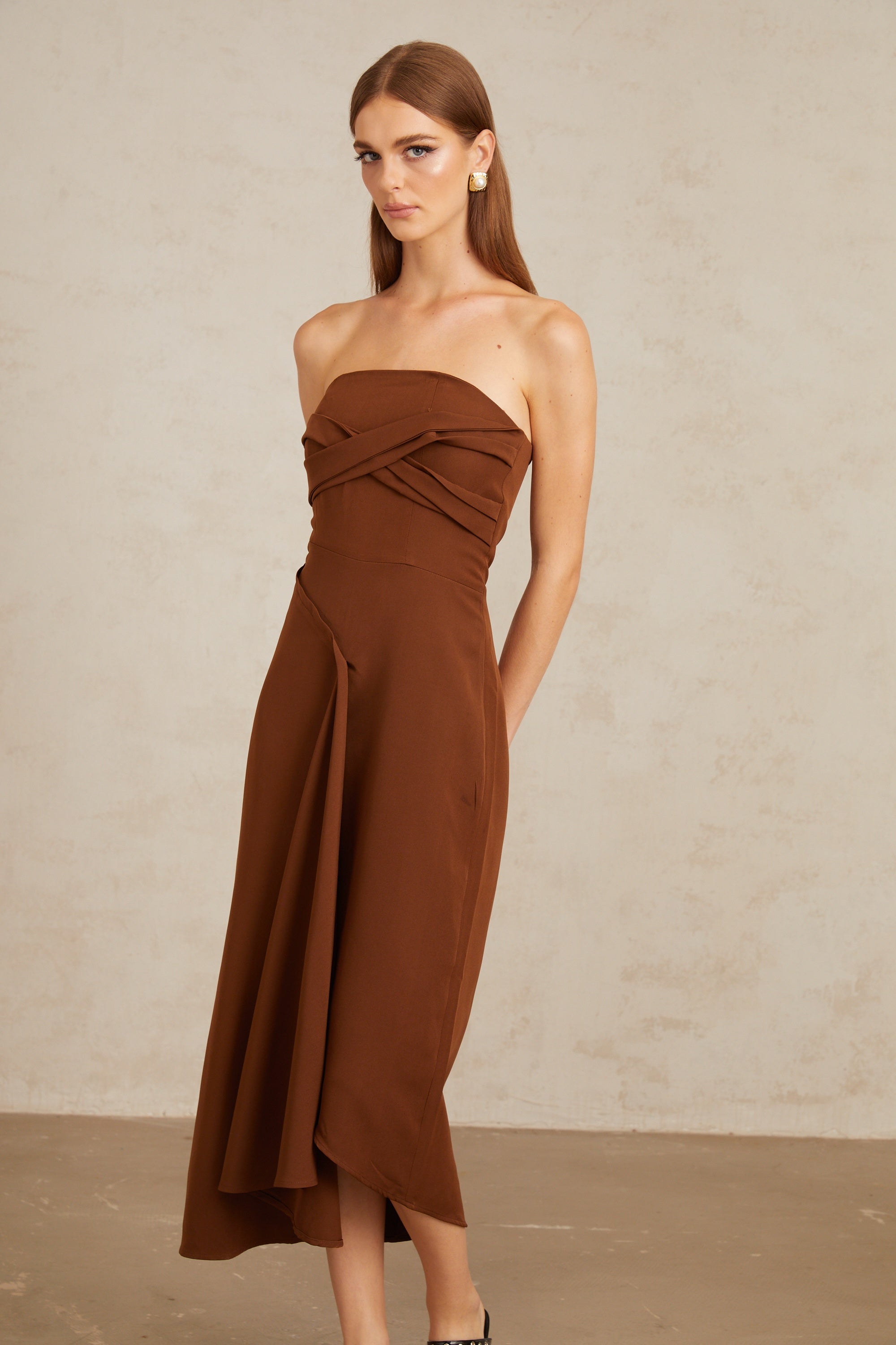 Kyliegh Brown Asymmetrical Off-Shoulder Midi Dress