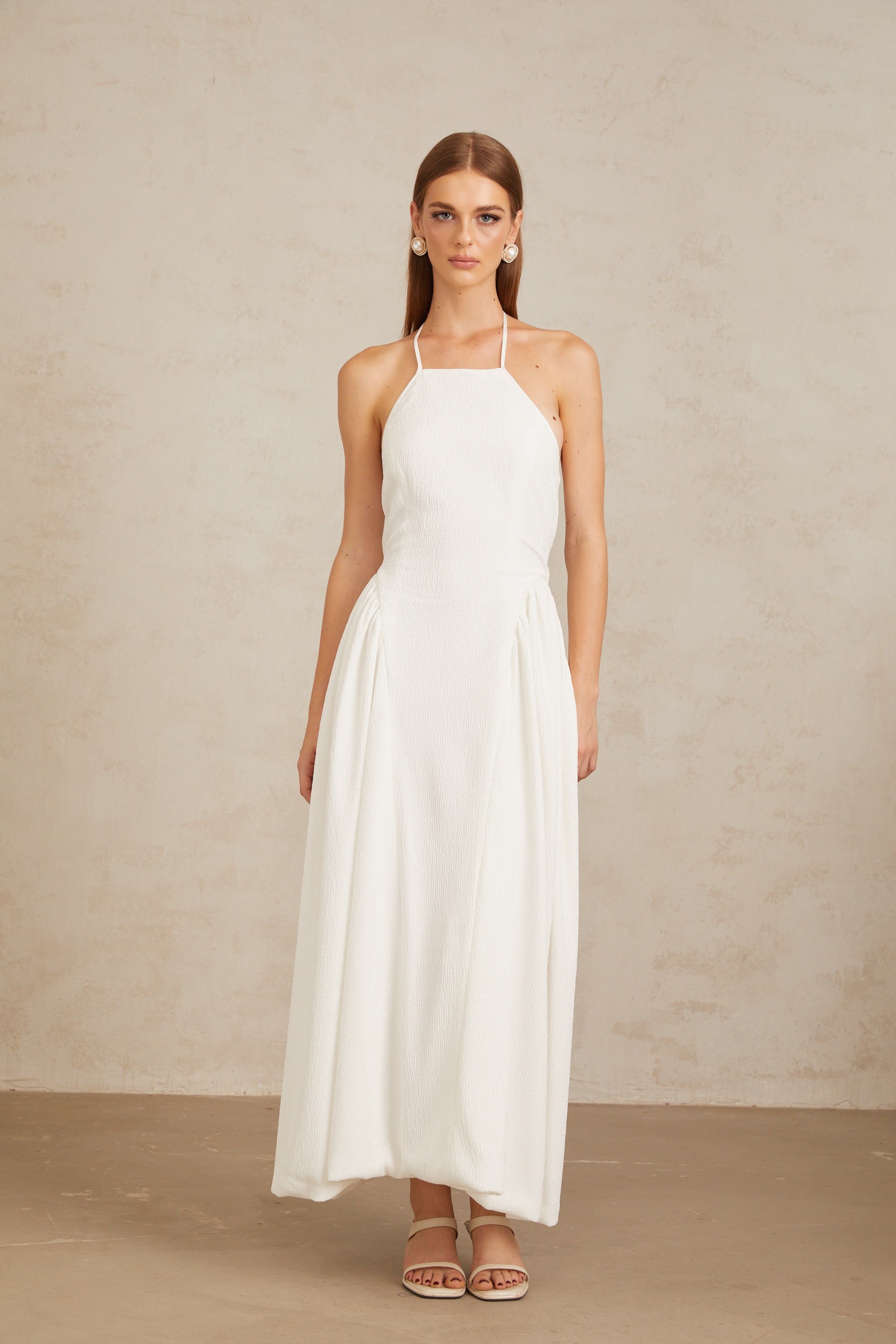 Aurore White Halterneck Textured Maxi Dress