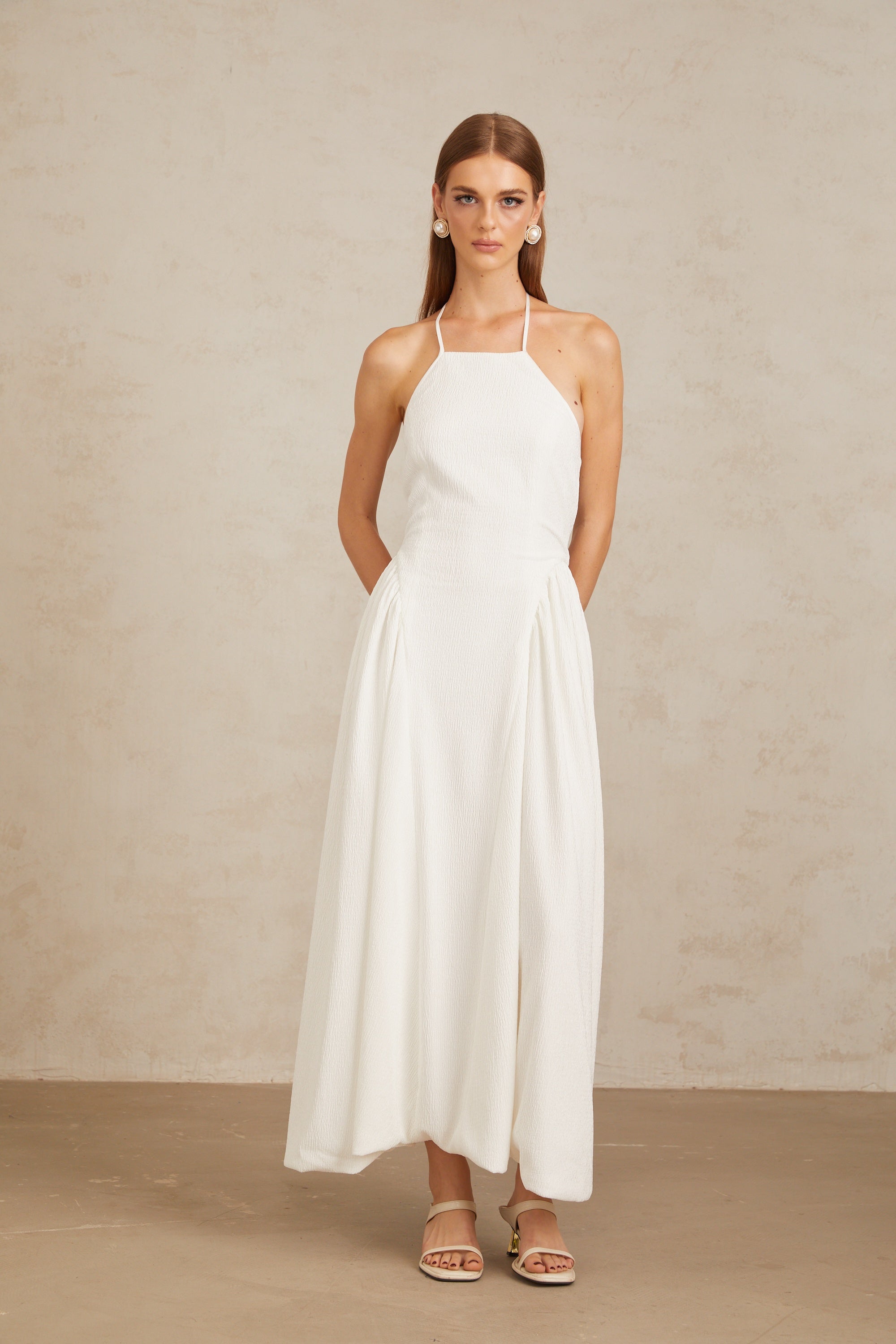 Aurore White Halterneck Textured Maxi Dress
