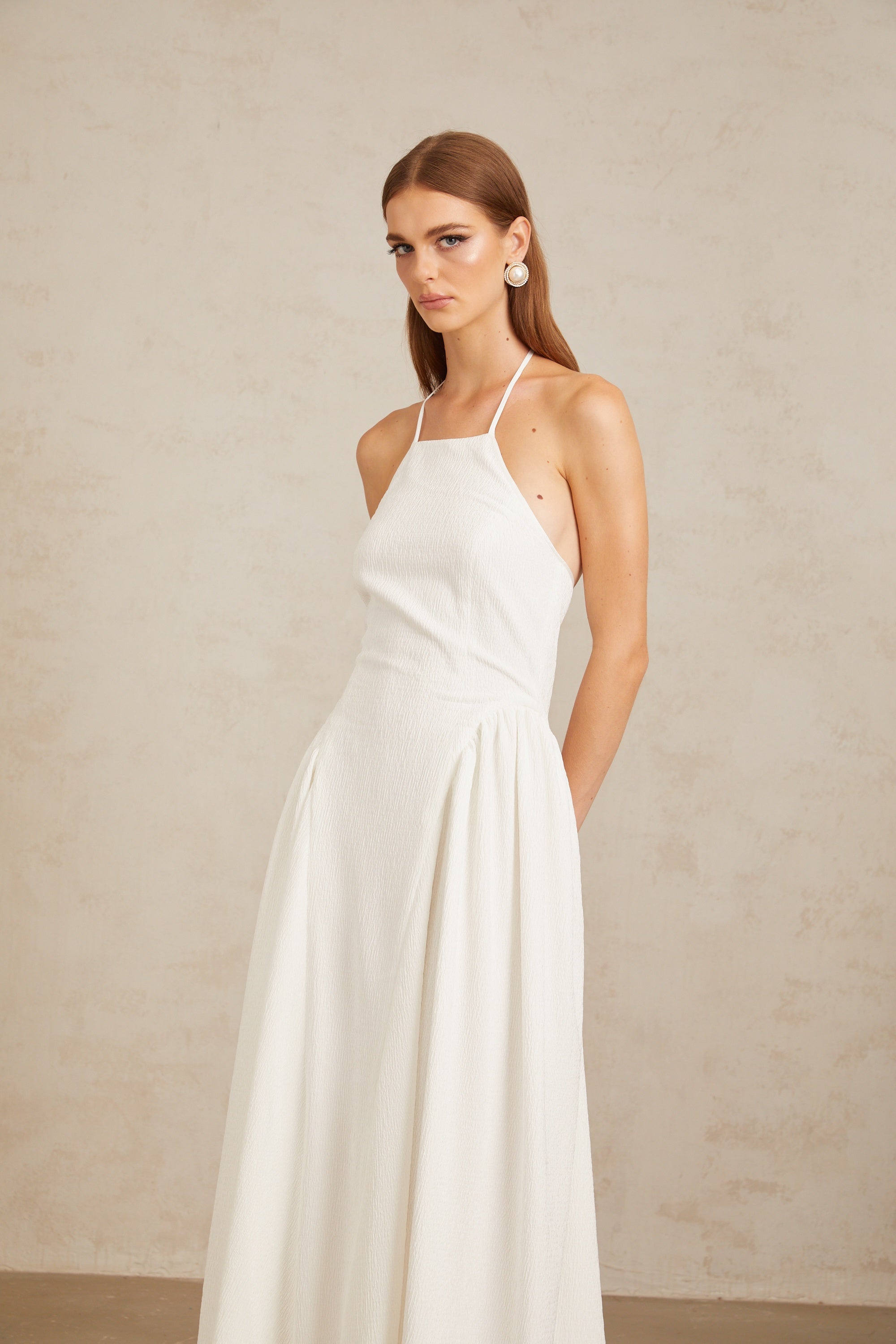 Aurore White Halterneck Textured Maxi Dress