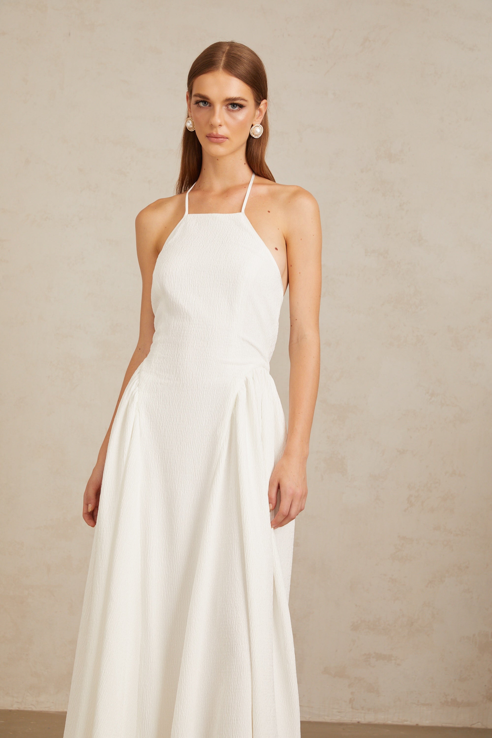 Aurore White Halterneck Textured Maxi Dress