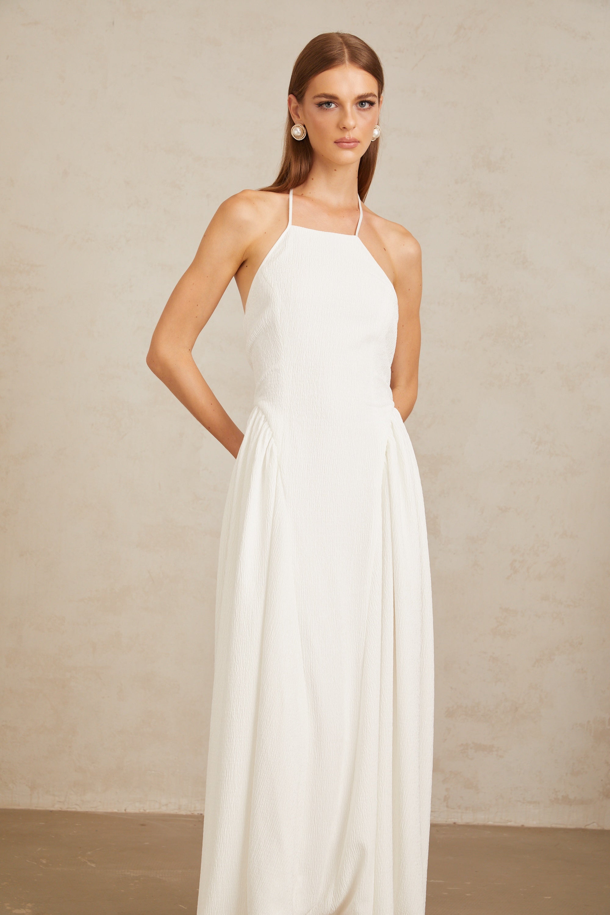 Aurore White Halterneck Textured Maxi Dress