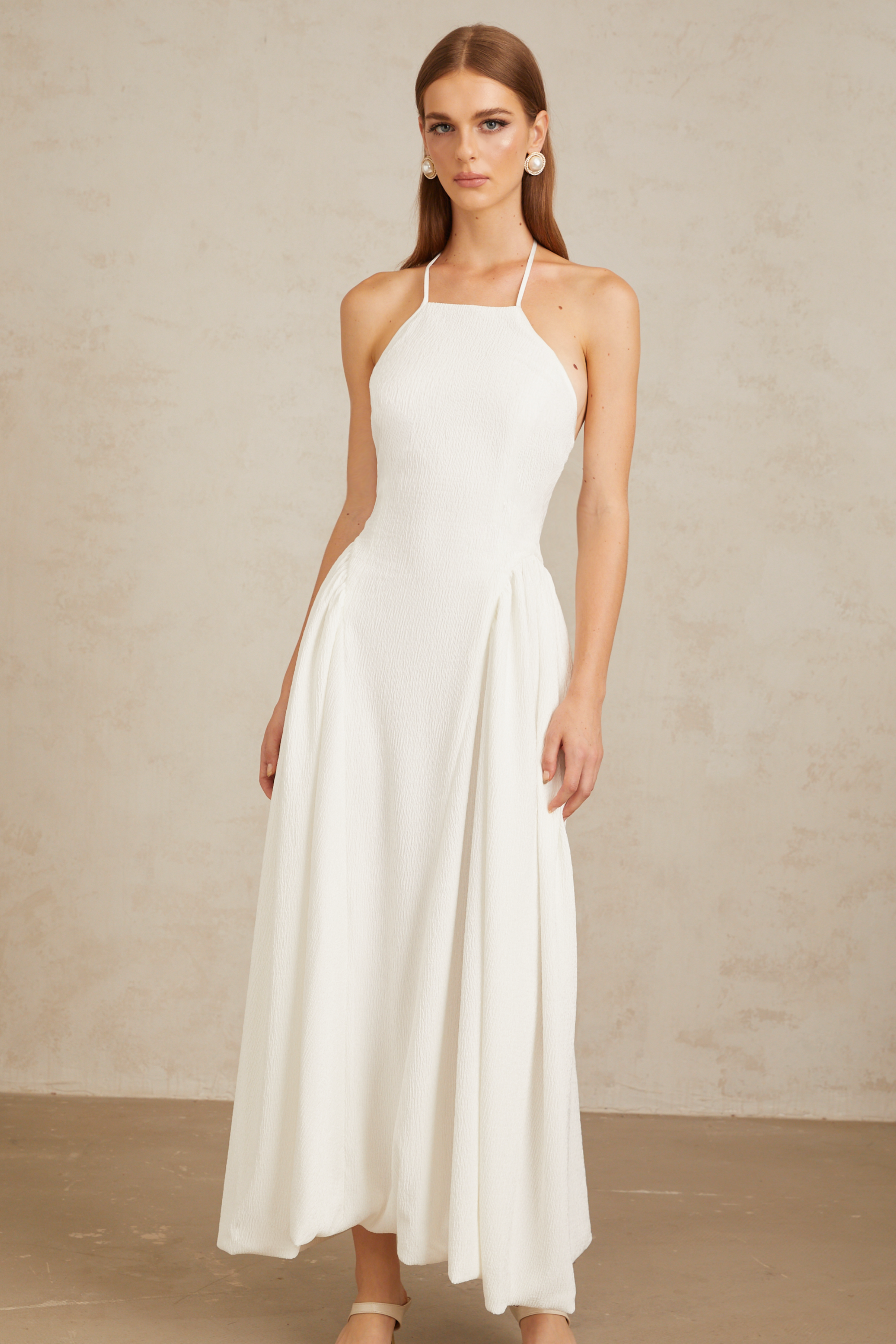 Aurore White Halterneck Textured Maxi Dress