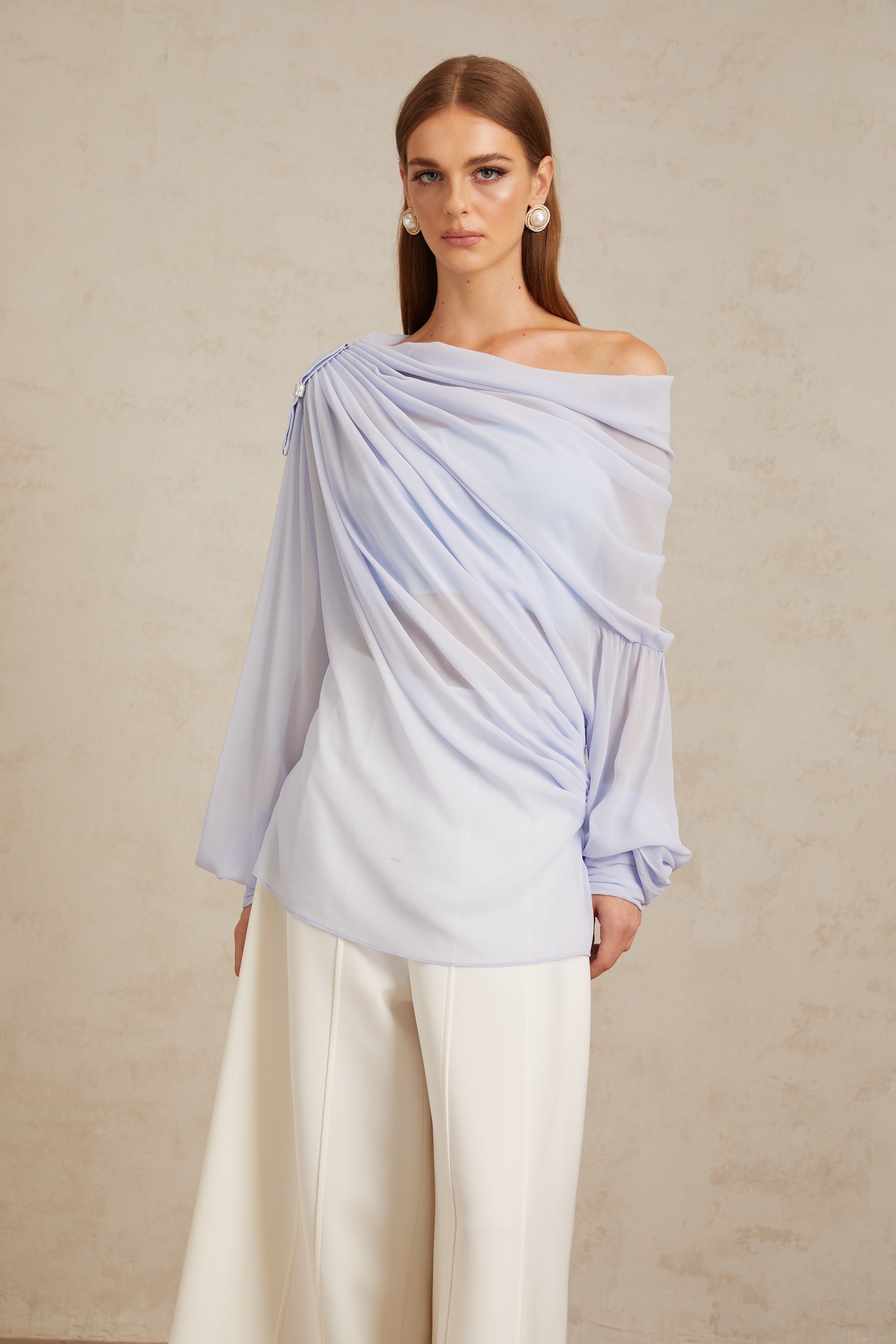 Léonie Blue Crystal Embellished Bowknot Chiffon Blouse