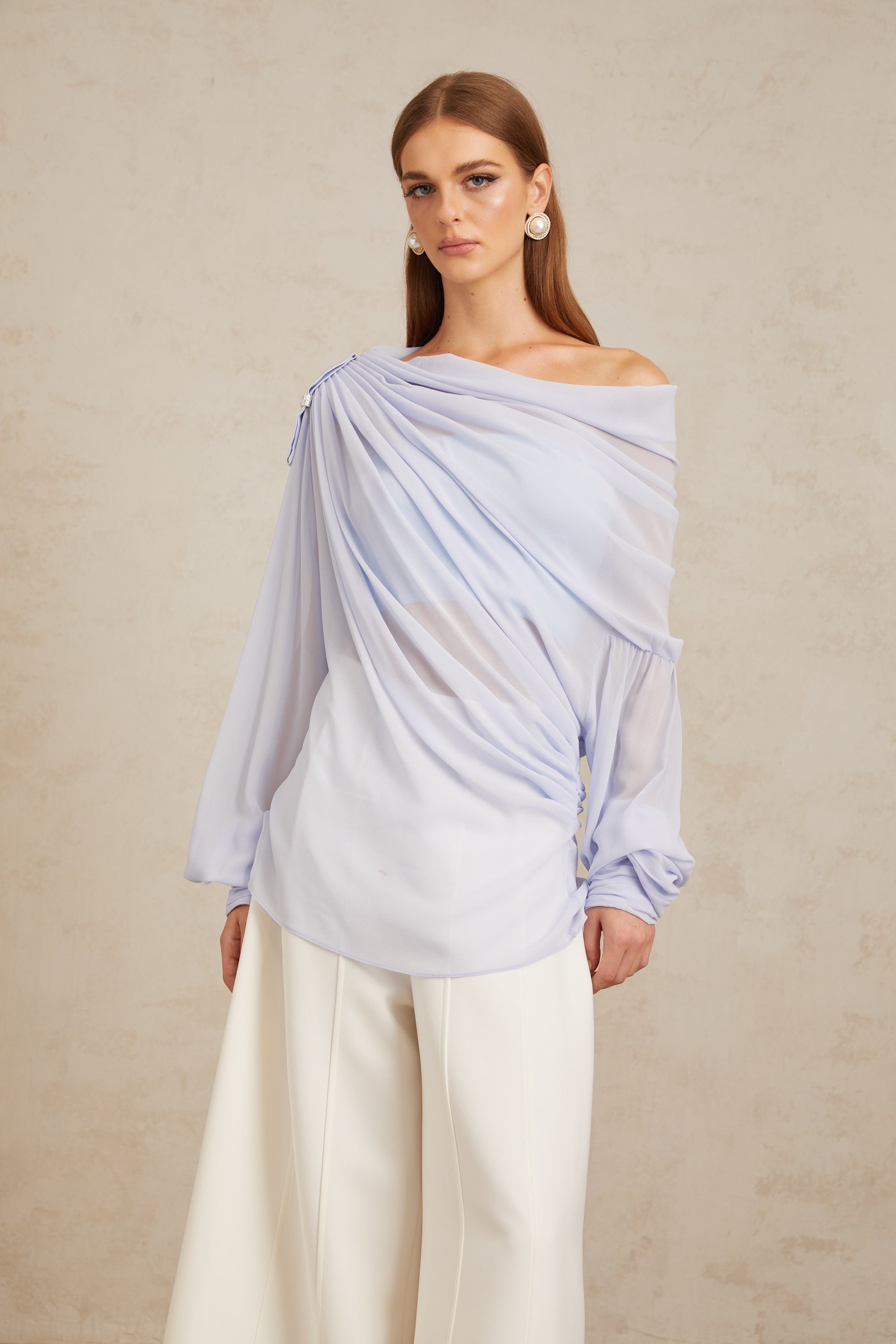 Léonie Blue Crystal Embellished Bowknot Chiffon Blouse