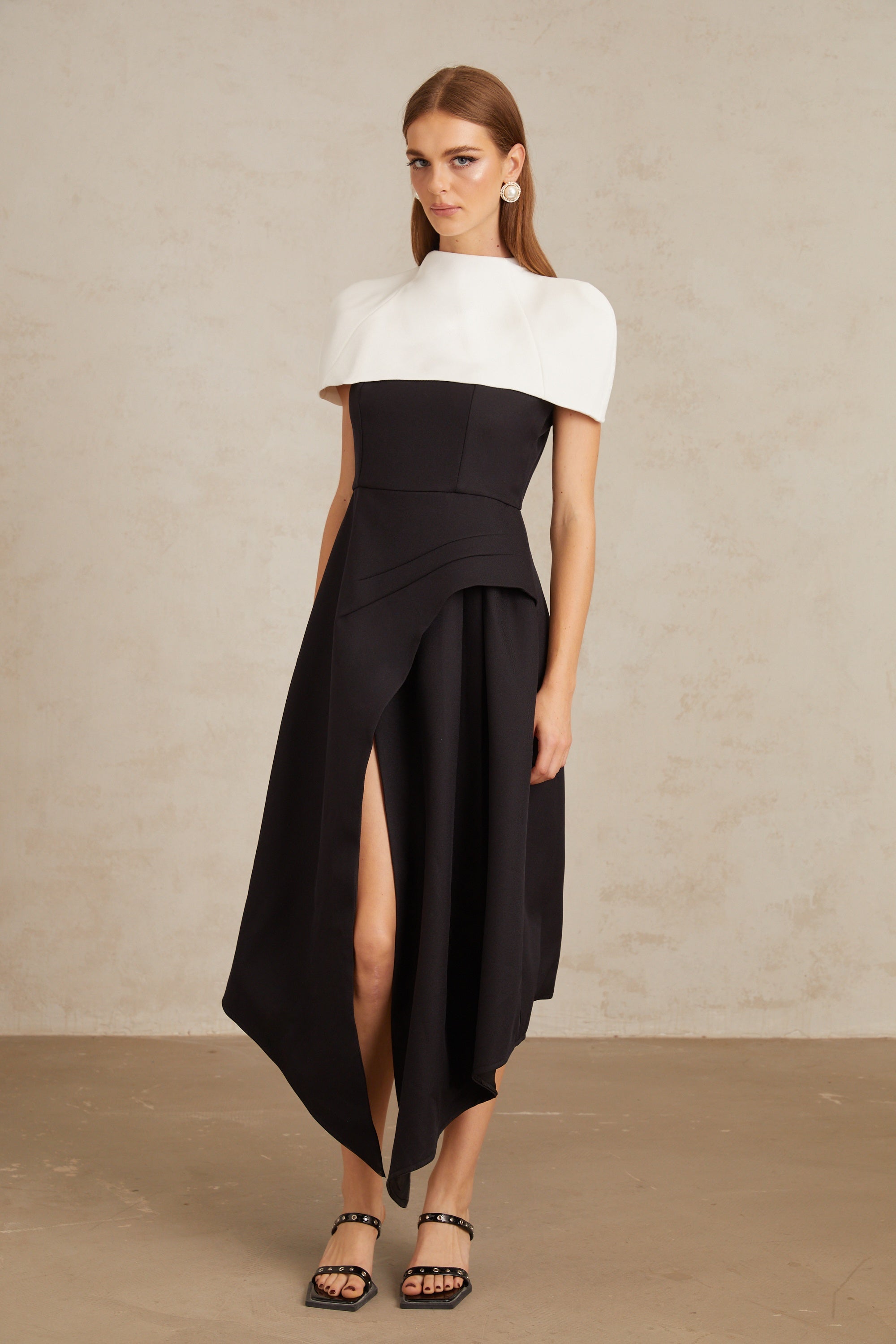 Fabienne Color Block Midi Dress with Shawl Detail