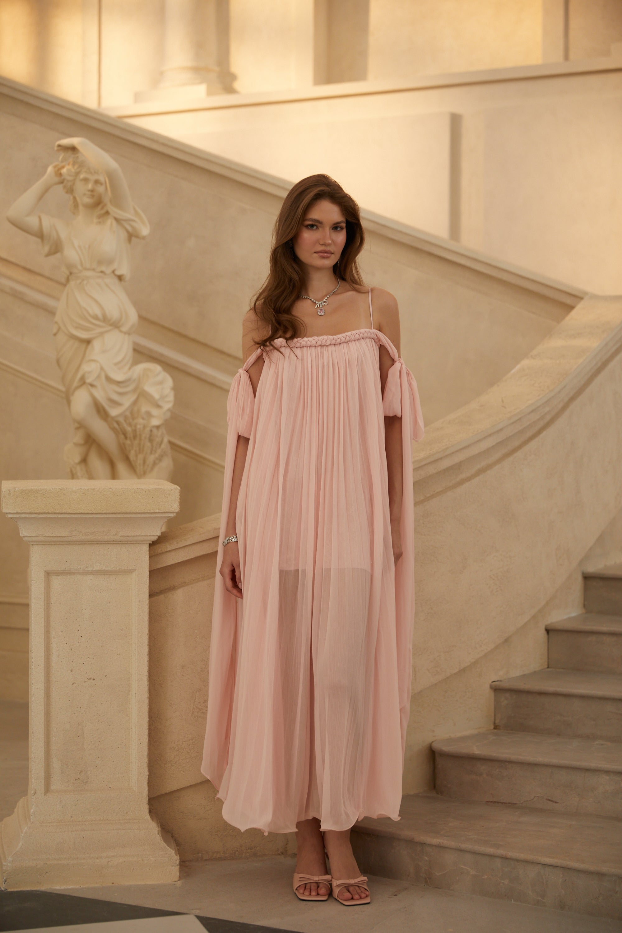 Agathe Pink Braid Detail Pleated Maxi Dress