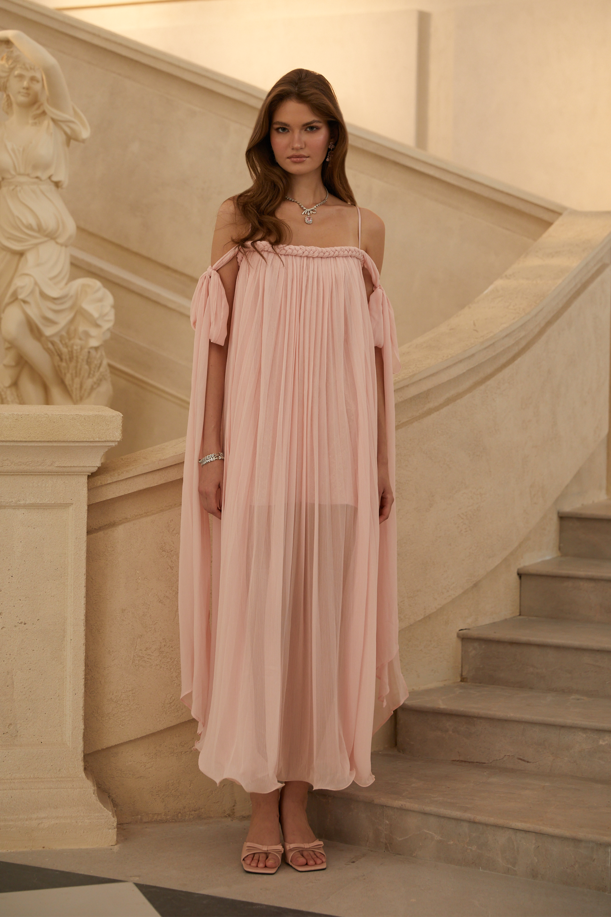 Agathe Pink Braid Detail Pleated Maxi Dress