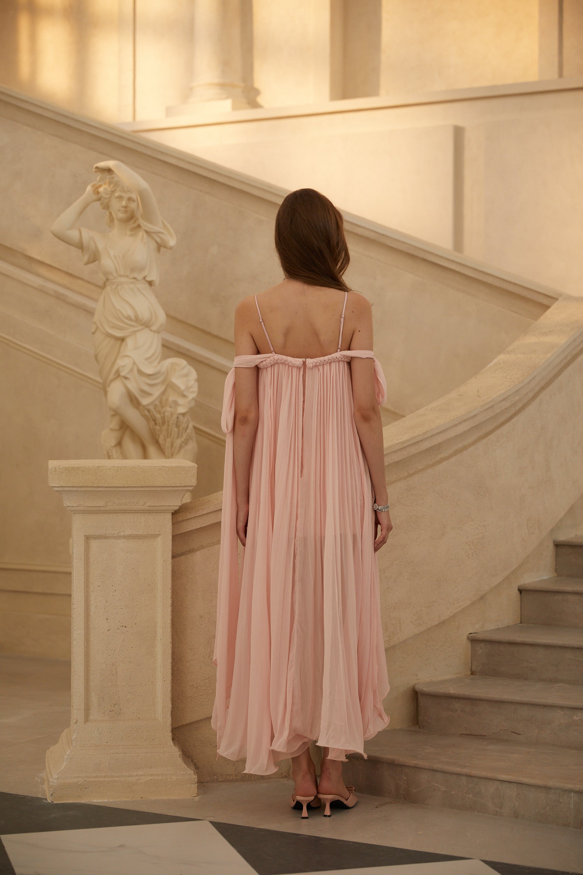 Agathe Pink Braid Detail Pleated Maxi Dress