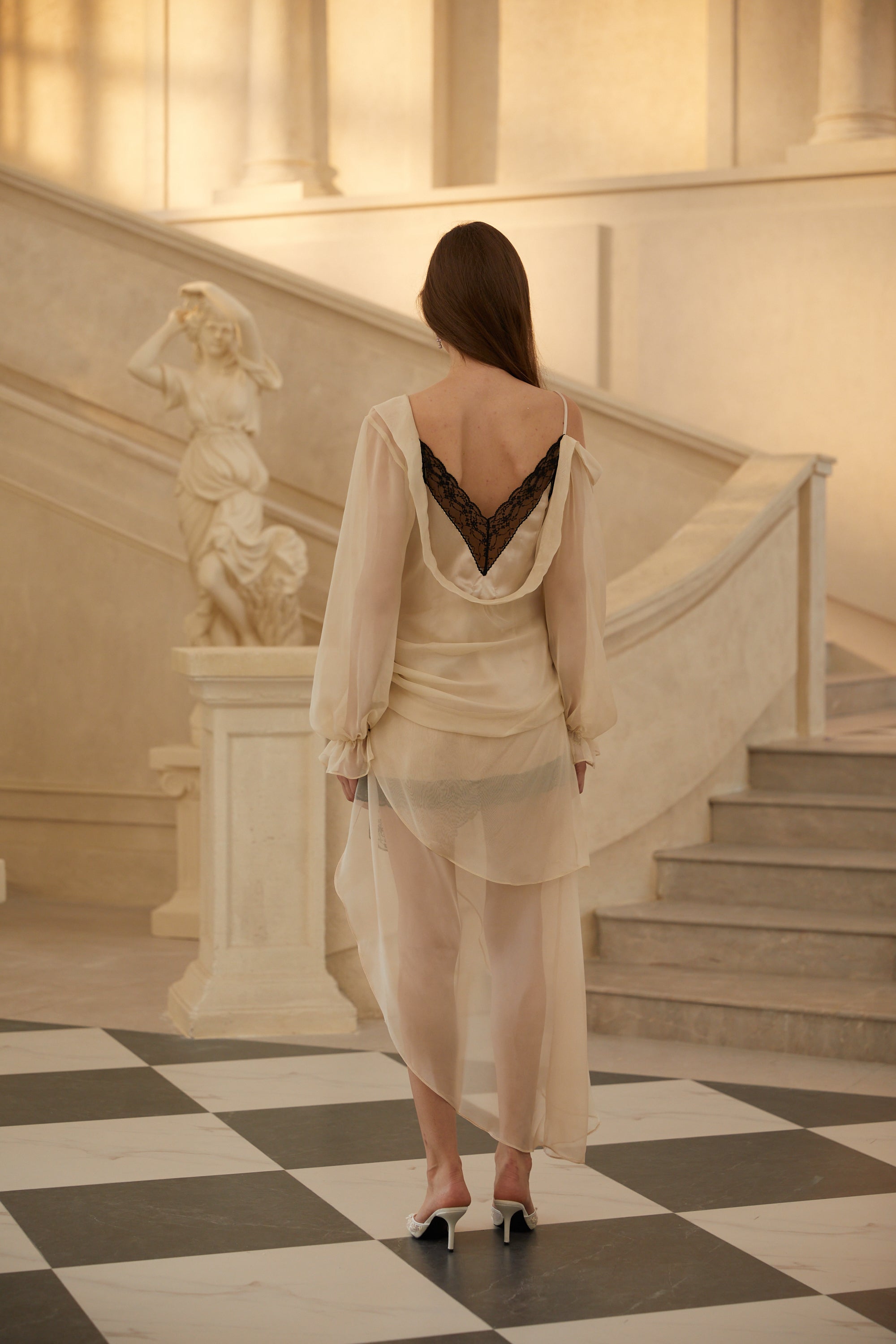 Armance Neutral Panelled Asymmetrical Tulle Mini Dress