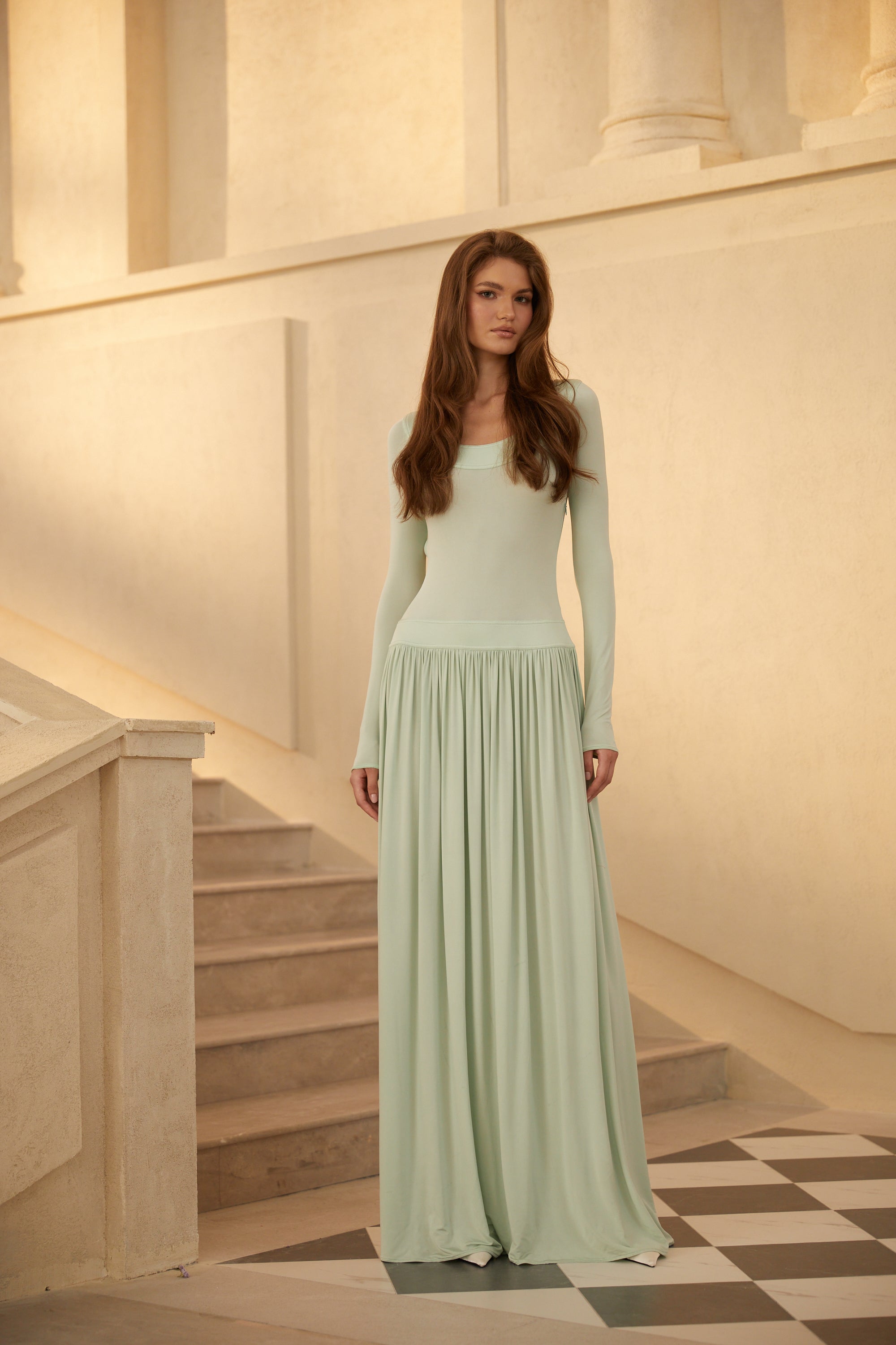 Campagne Green Open-Back Shirred Maxi Dress